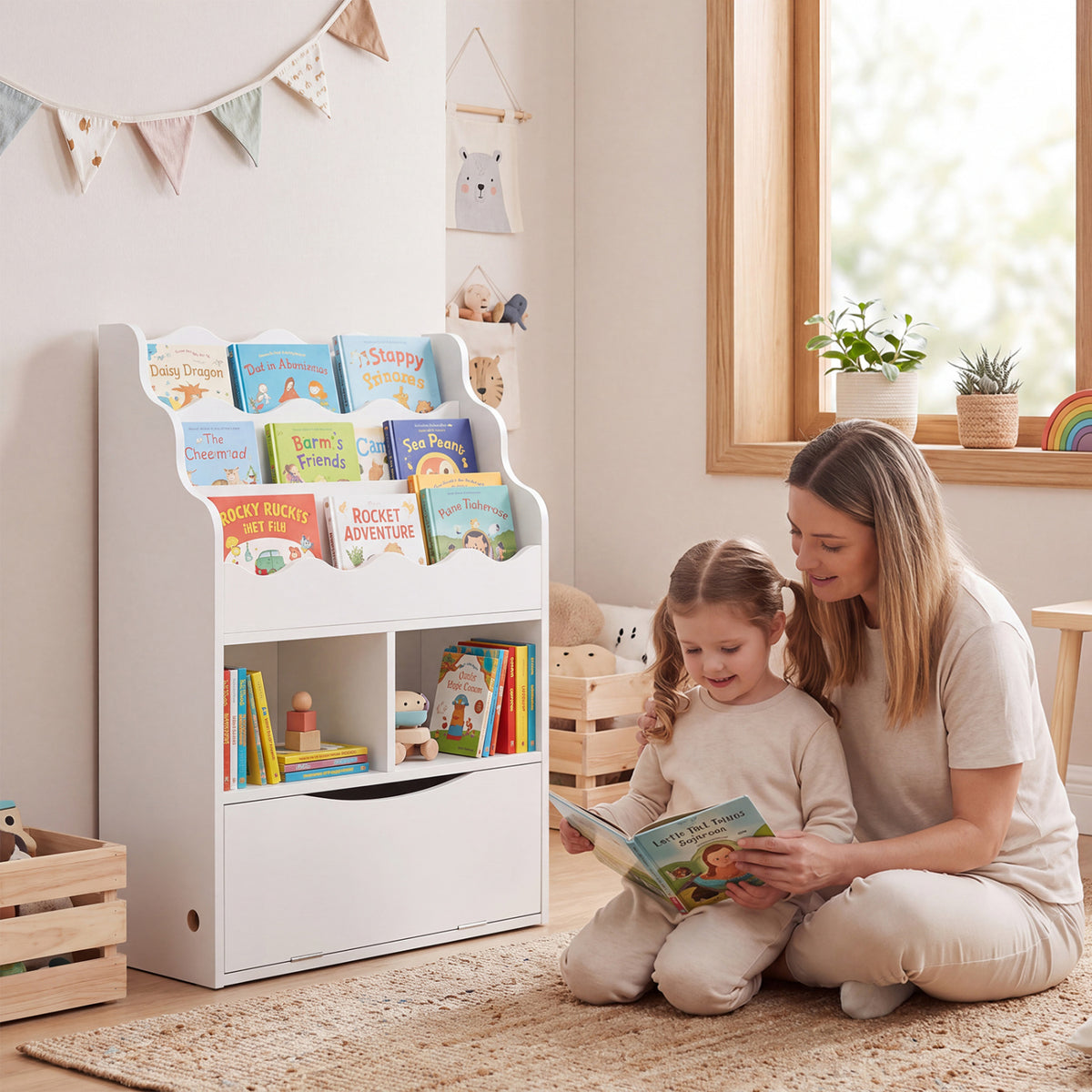 Kids Bookcase with 3-Tier Sling Bookshelf with Shelves Open Cubes and Flip Down Cabinet-White-Bookcases-DECOROLALA