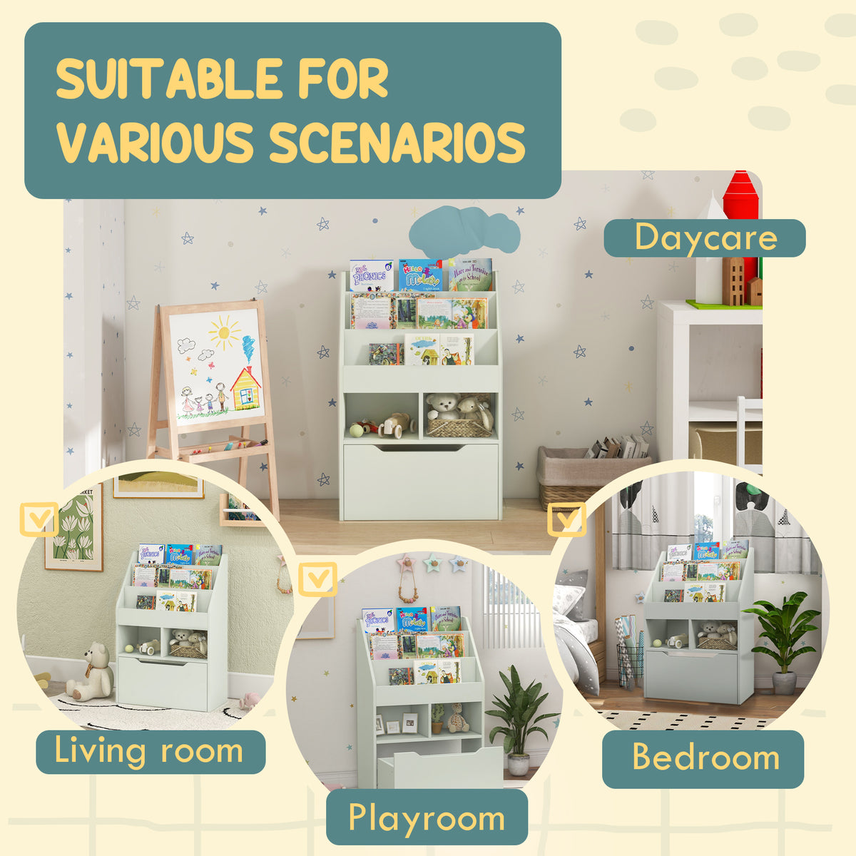 Kids Bookcase with Storage Drawer and Cubes - Green-Toys & Games > Toddler & Kids Furniture > Baby & Kids Storage-DECOROLALA