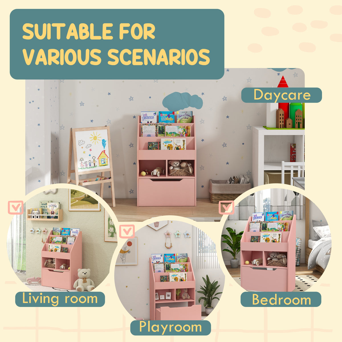Kids Bookcase with Storage Drawer and Cubes - Pink-Toys & Games > Toddler & Kids Furniture > Baby & Kids Storage-DECOROLALA