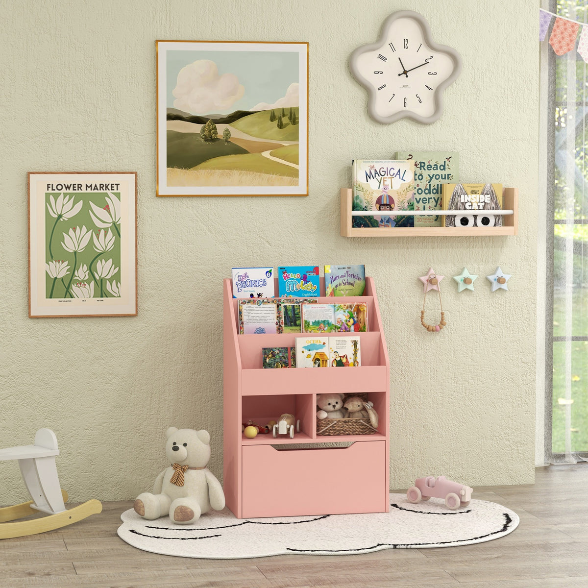 Kids Bookcase with Storage Drawer and Cubes - Pink-Toys & Games > Toddler & Kids Furniture > Baby & Kids Storage-DECOROLALA