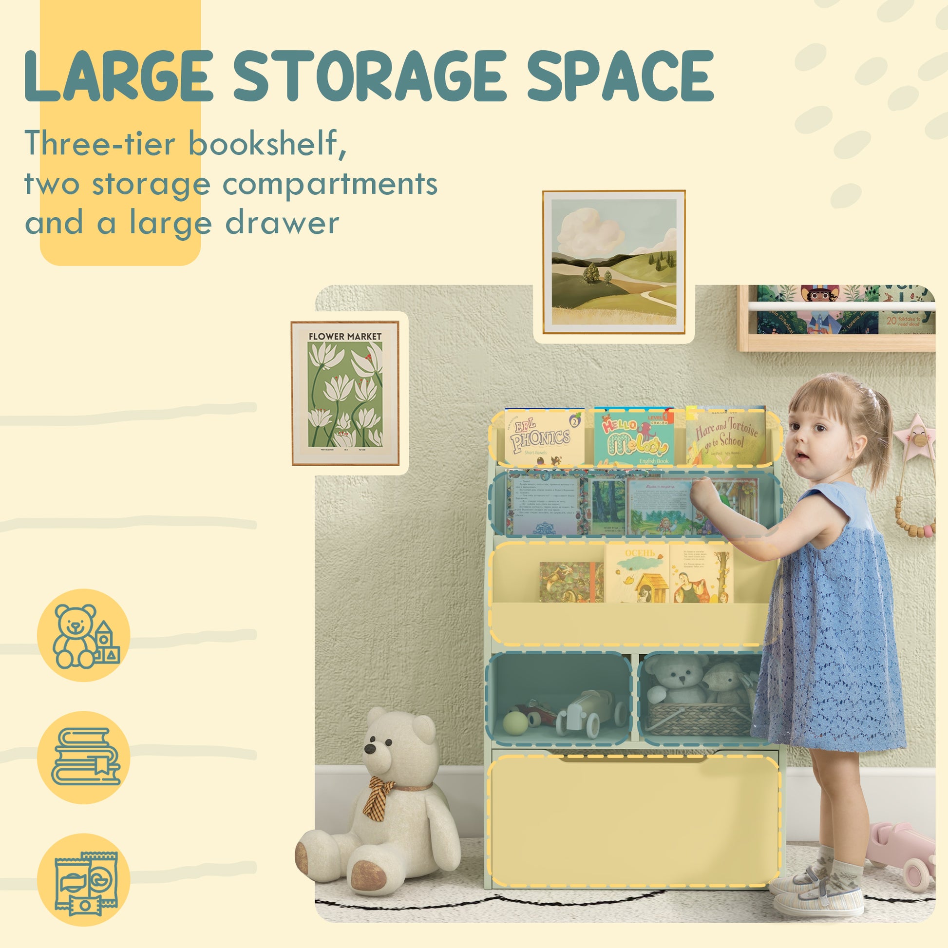 Kids Bookcase with Storage Drawer for Books, Reading Nook, for Classroom, Bedroom, Playroom, Green-Toys & Games > Toddler & Kids Furniture > Baby & Kids Storage-DECOROLALA