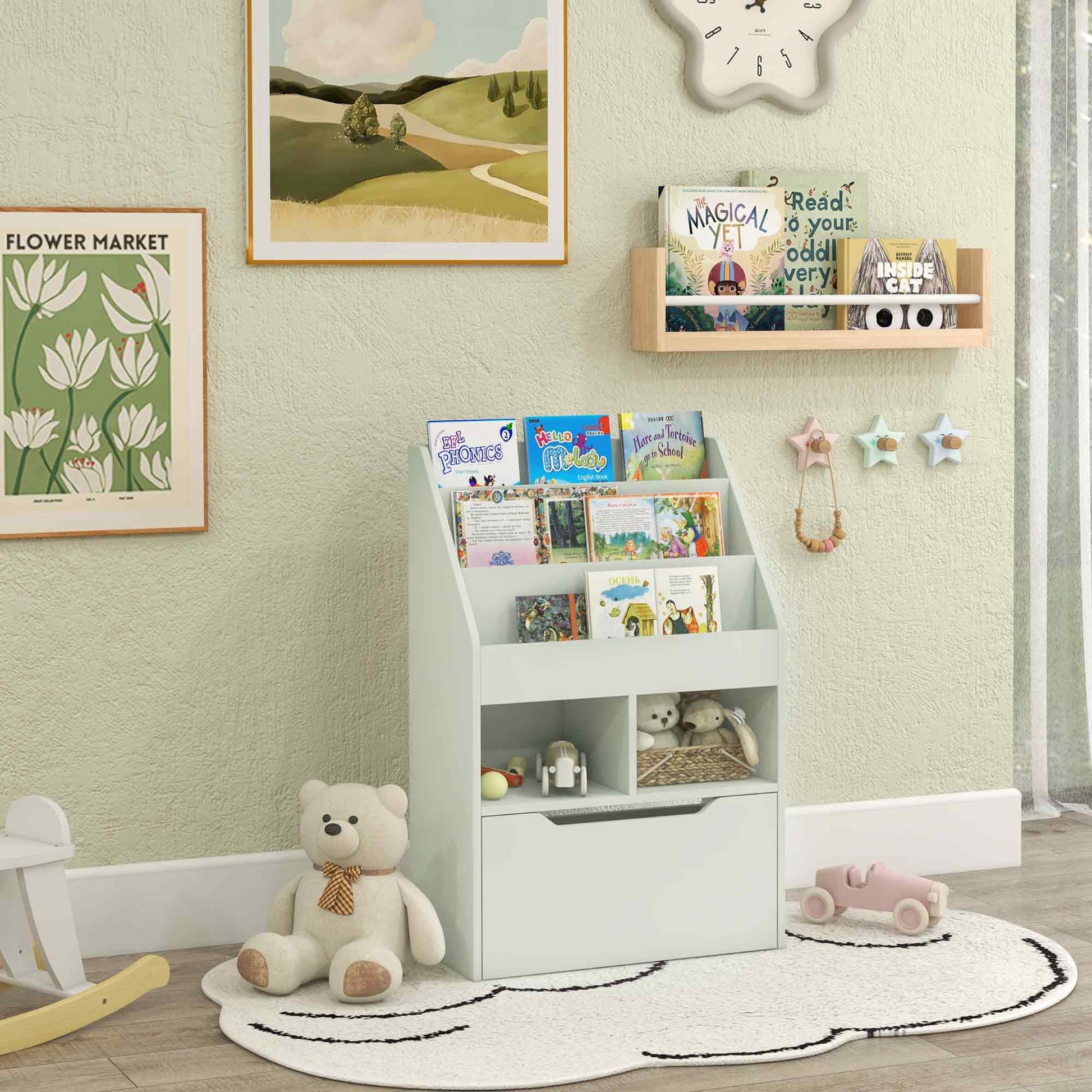 Kids Bookcase with Storage Drawer for Books, Reading Nook, for Classroom, Bedroom, Playroom, Green-Toys & Games > Toddler & Kids Furniture > Baby & Kids Storage-DECOROLALA