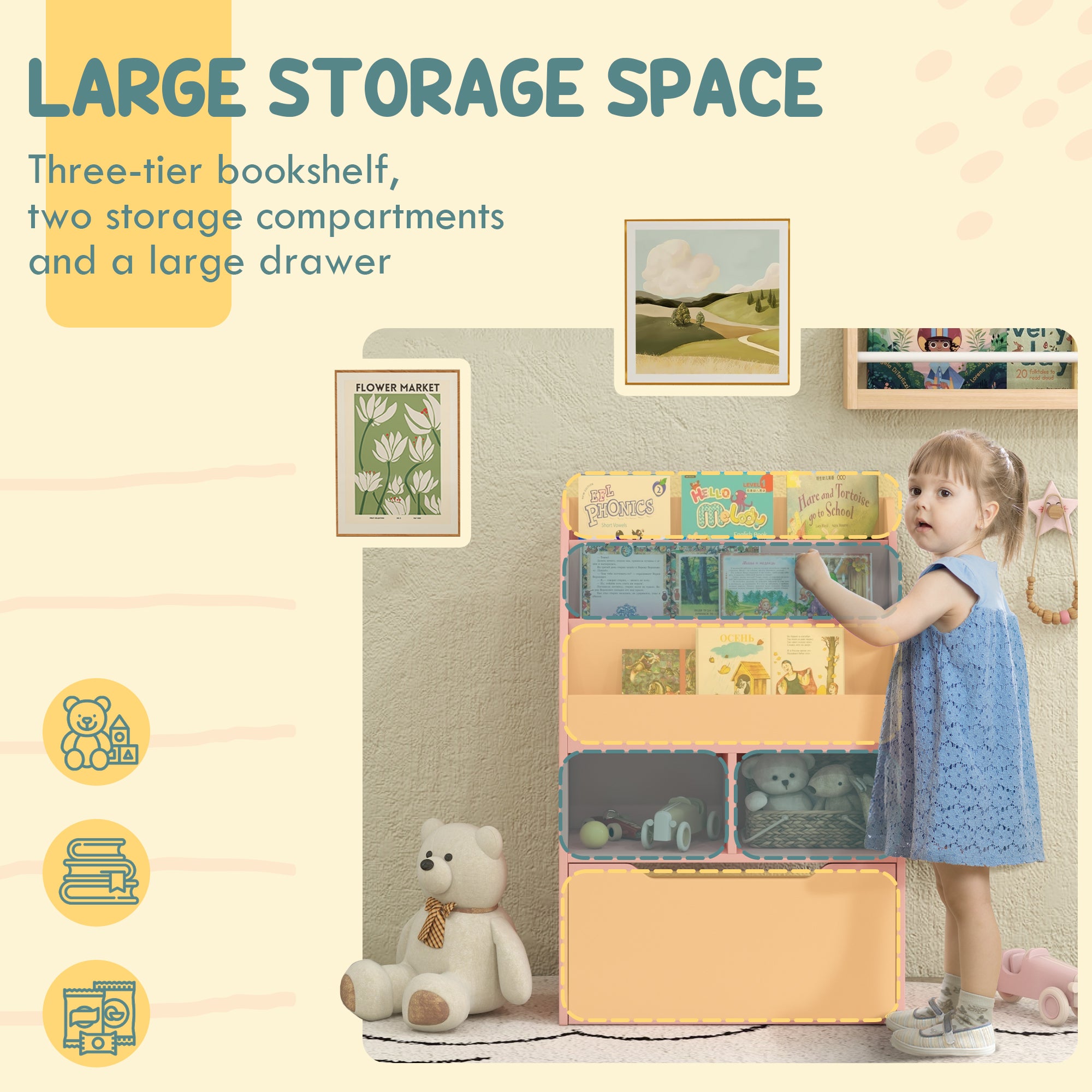 Kids Bookcase with Storage Drawer for Books, Reading Nook, for Classroom, Bedroom, Playroom, Pink-Toys & Games > Toddler & Kids Furniture > Baby & Kids Storage-DECOROLALA