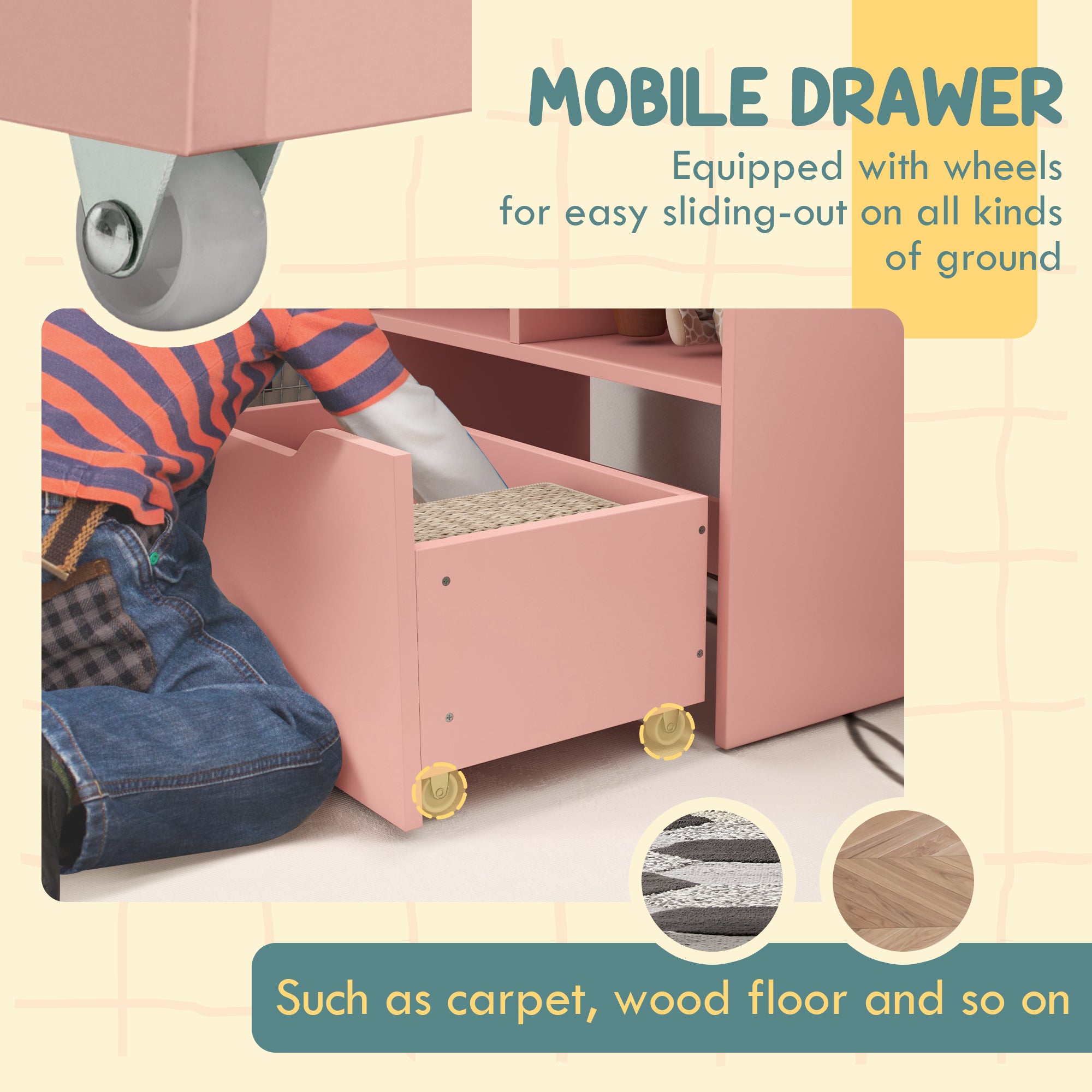 Kids Bookcase with Storage Drawer for Books, Reading Nook, for Classroom, Bedroom, Playroom, Pink-Toys & Games > Toddler & Kids Furniture > Baby & Kids Storage-DECOROLALA