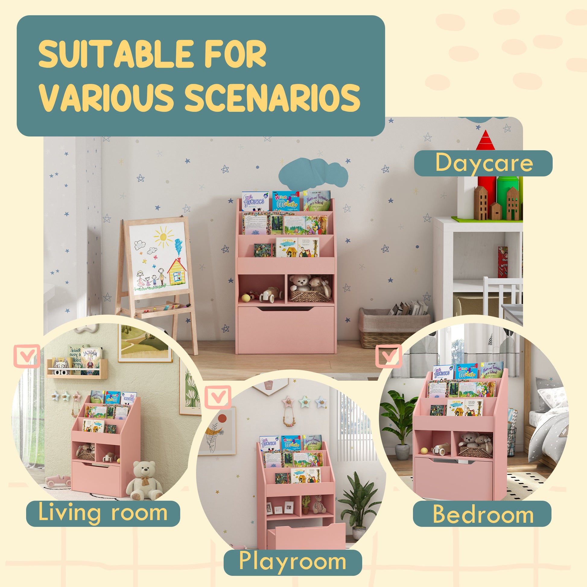 Kids Bookcase with Storage Drawer for Books, Reading Nook, for Classroom, Bedroom, Playroom, Pink-Toys & Games > Toddler & Kids Furniture > Baby & Kids Storage-DECOROLALA