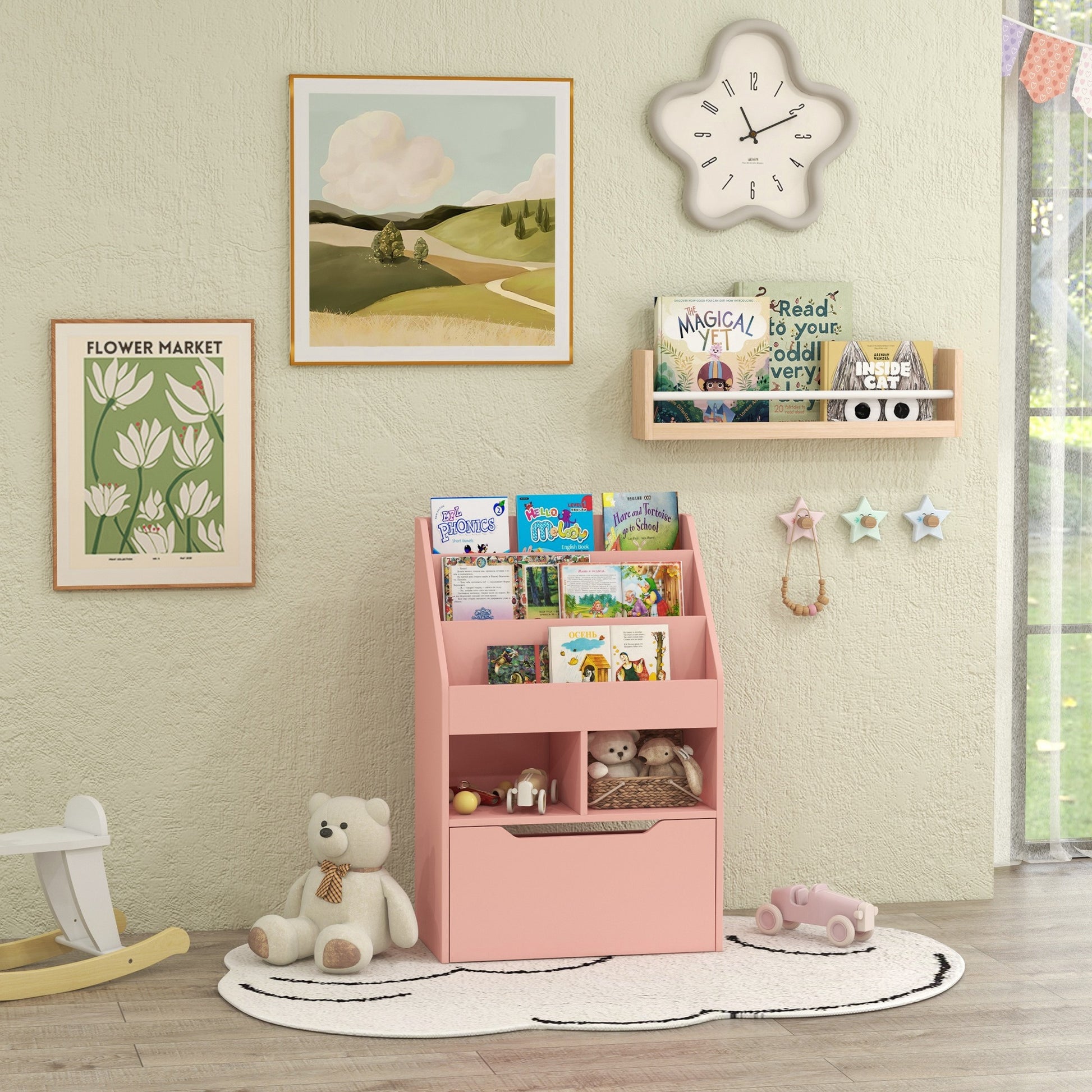 Kids Bookcase with Storage Drawer for Books, Reading Nook, for Classroom, Bedroom, Playroom, Pink-Toys & Games > Toddler & Kids Furniture > Baby & Kids Storage-DECOROLALA