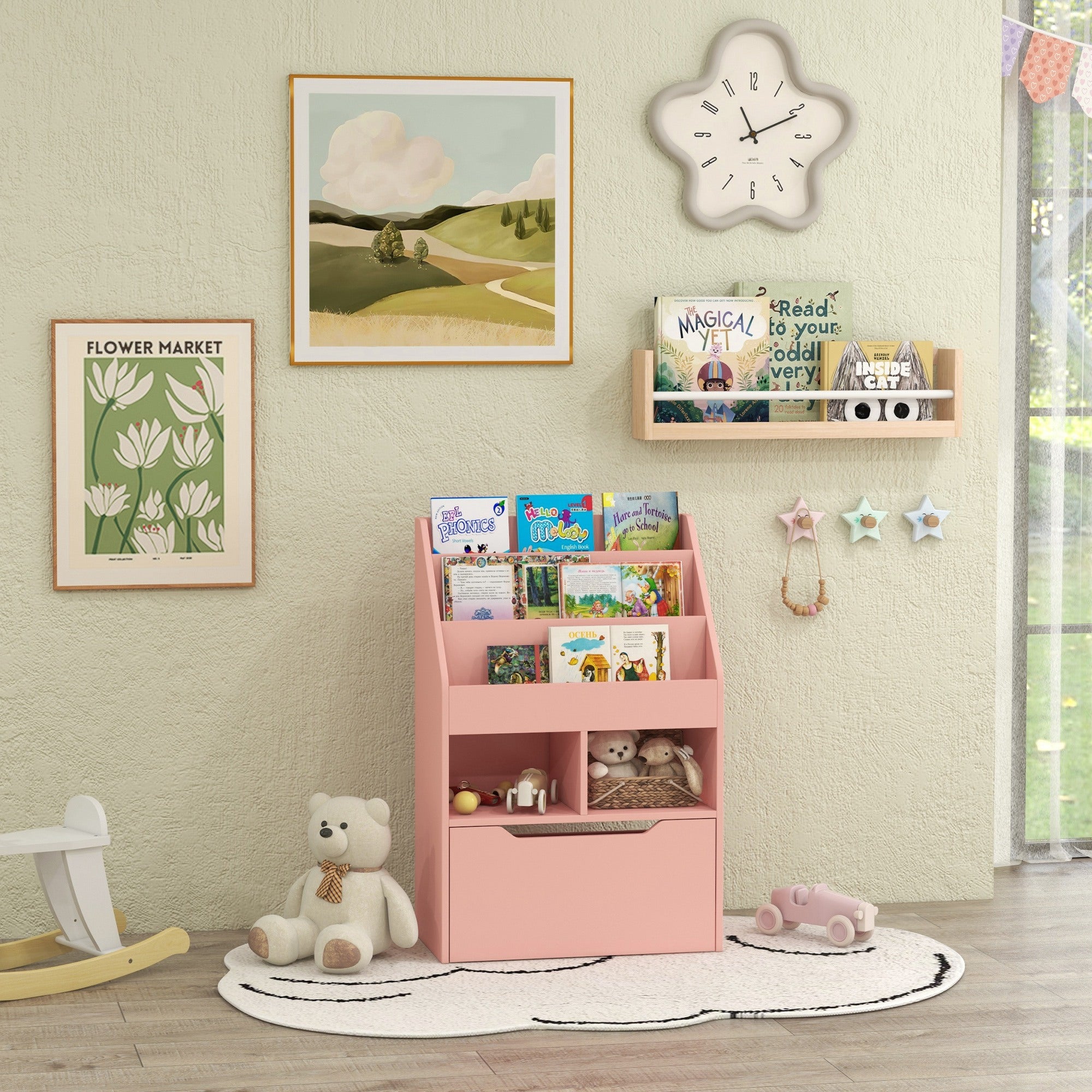 Kids Bookcase with Storage Drawer for Books, Reading Nook, for Classroom, Bedroom, Playroom, Pink-Toys & Games > Toddler & Kids Furniture > Baby & Kids Storage-DECOROLALA