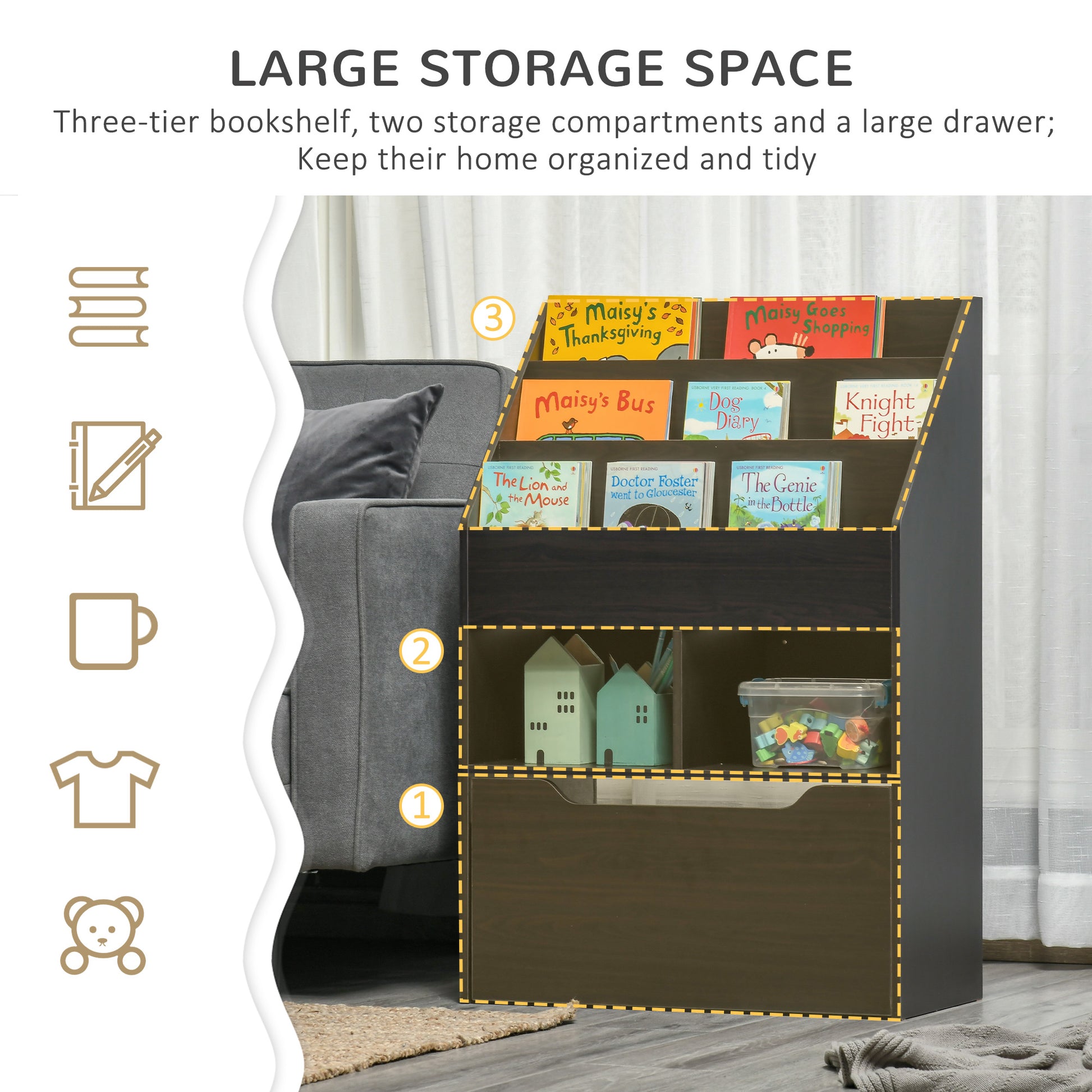 Kids Bookshelf Bookcase, Montessori-Inspired 4 Tier Large Capacity Rack Organizer with Moveable Drawer for Books for Reading Nook, Classroom, Bedroom, Playroom, Brown-Toys & Games > Toddler & Kids Furniture > Baby & Kids Storage-DECOROLALA