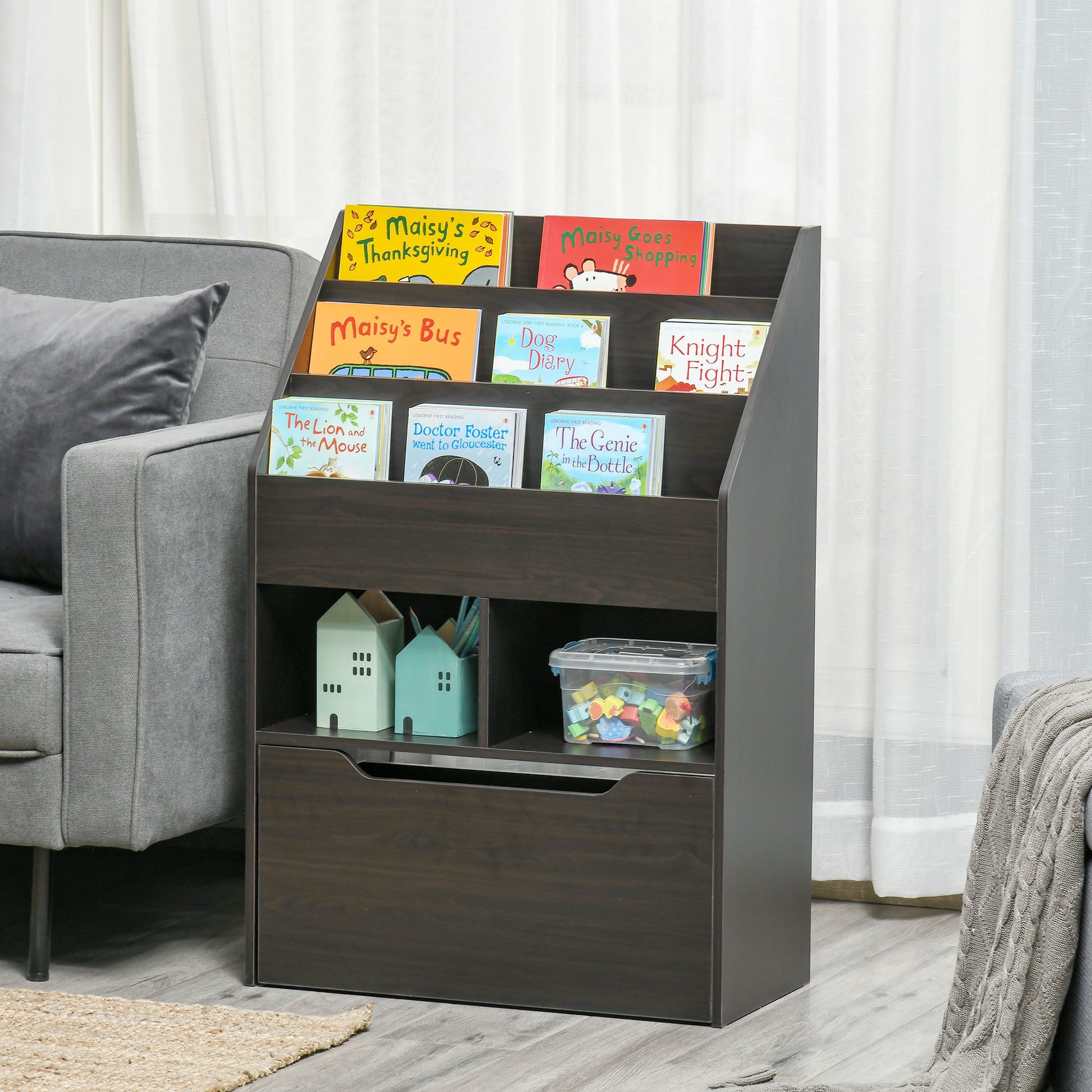 Kids Bookshelf Bookcase, Montessori-Inspired 4 Tier Large Capacity Rack Organizer with Moveable Drawer for Books for Reading Nook, Classroom, Bedroom, Playroom, Brown-Toys & Games > Toddler & Kids Furniture > Baby & Kids Storage-DECOROLALA