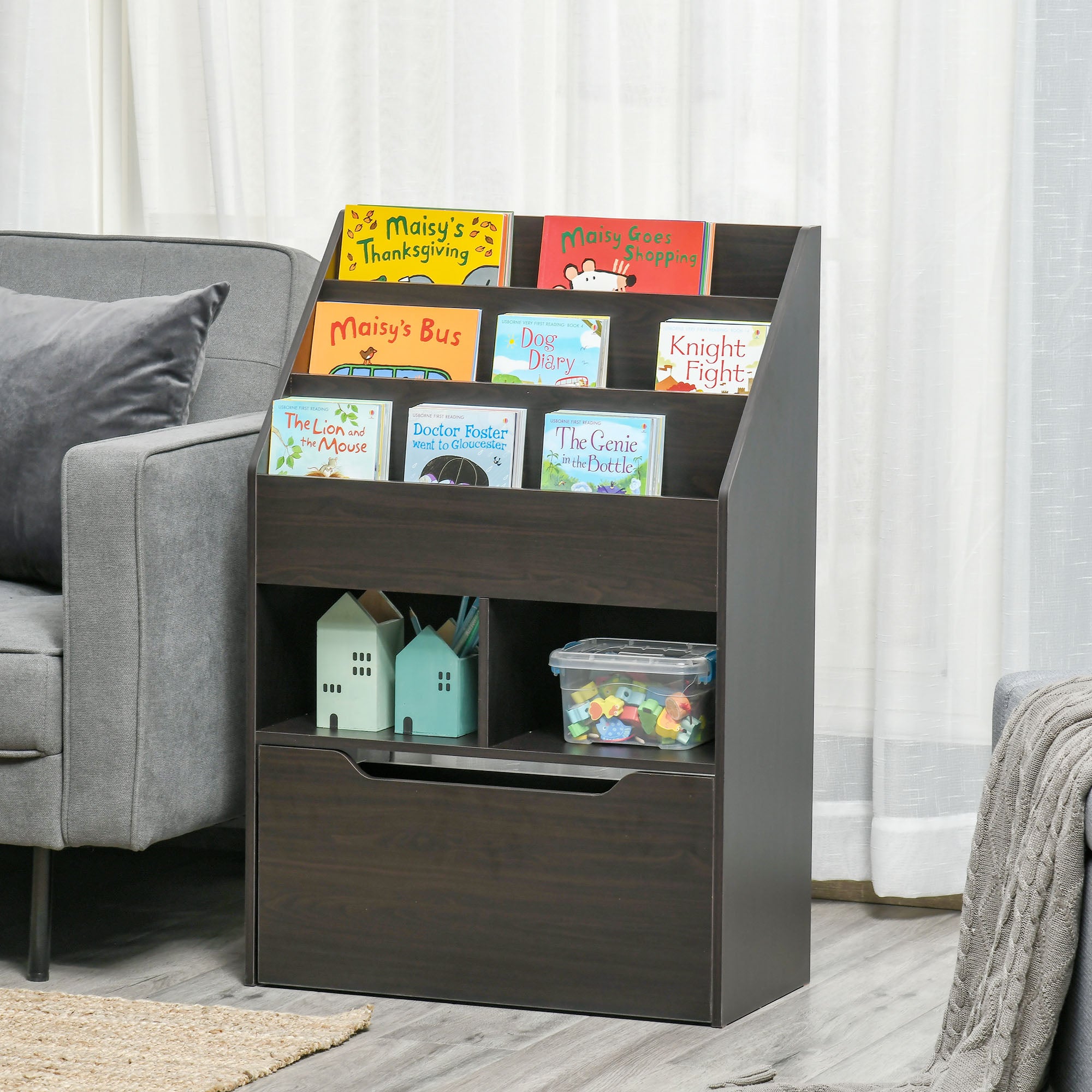 Kids Bookshelf Bookcase, Montessori-Inspired 4 Tier Large Capacity Rack Organizer with Moveable Drawer for Books for Reading Nook, Classroom, Bedroom, Playroom, Brown-Toys & Games > Toddler & Kids Furniture > Baby & Kids Storage-DECOROLALA