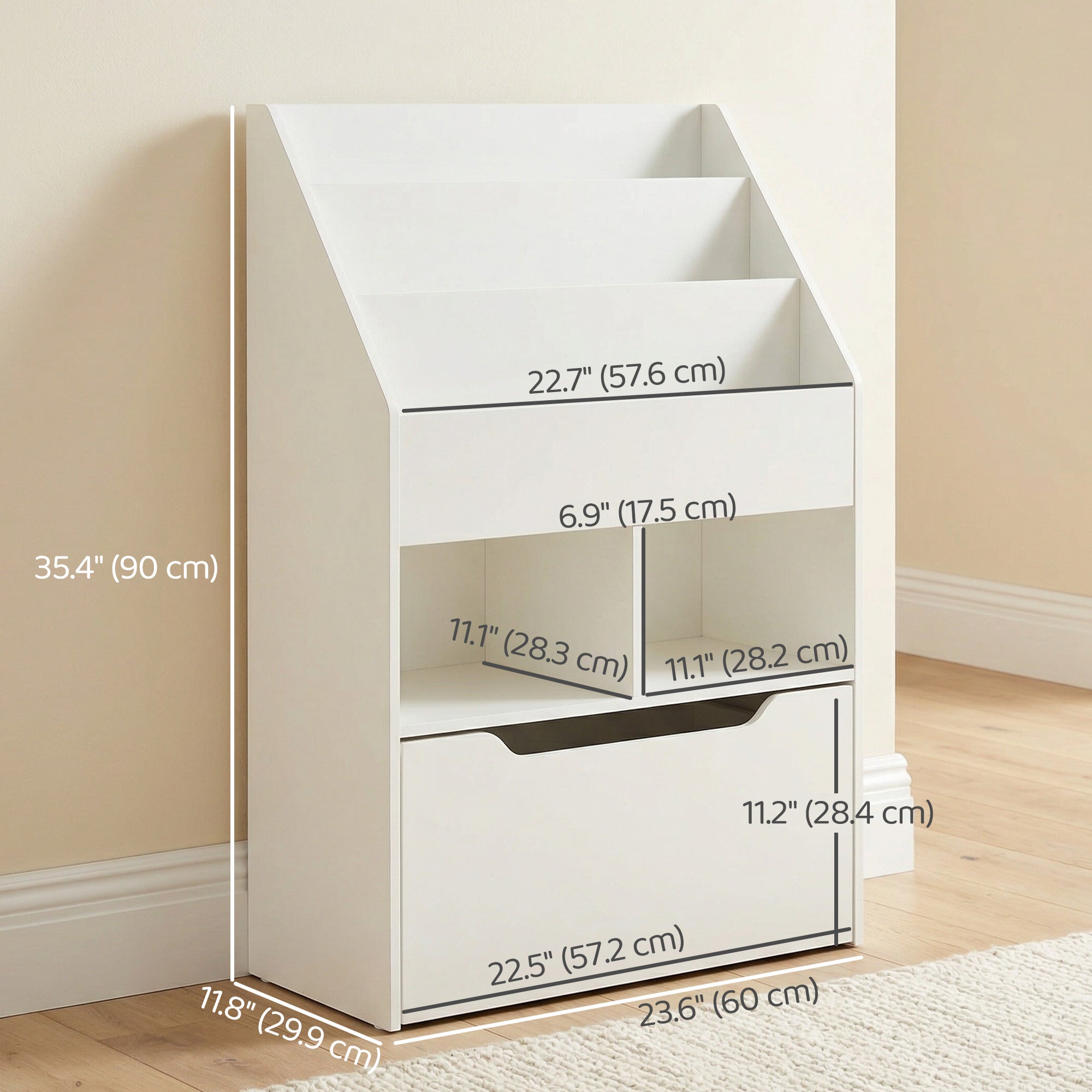Kids Bookshelf Bookcase, Montessori-Inspired 4 Tier Large Capacity Rack Organizer with Moveable Drawer for Books for Reading Nook, Classroom, Bedroom, Playroom, White-Toys & Games > Toddler & Kids Furniture > Baby & Kids Storage-DECOROLALA
