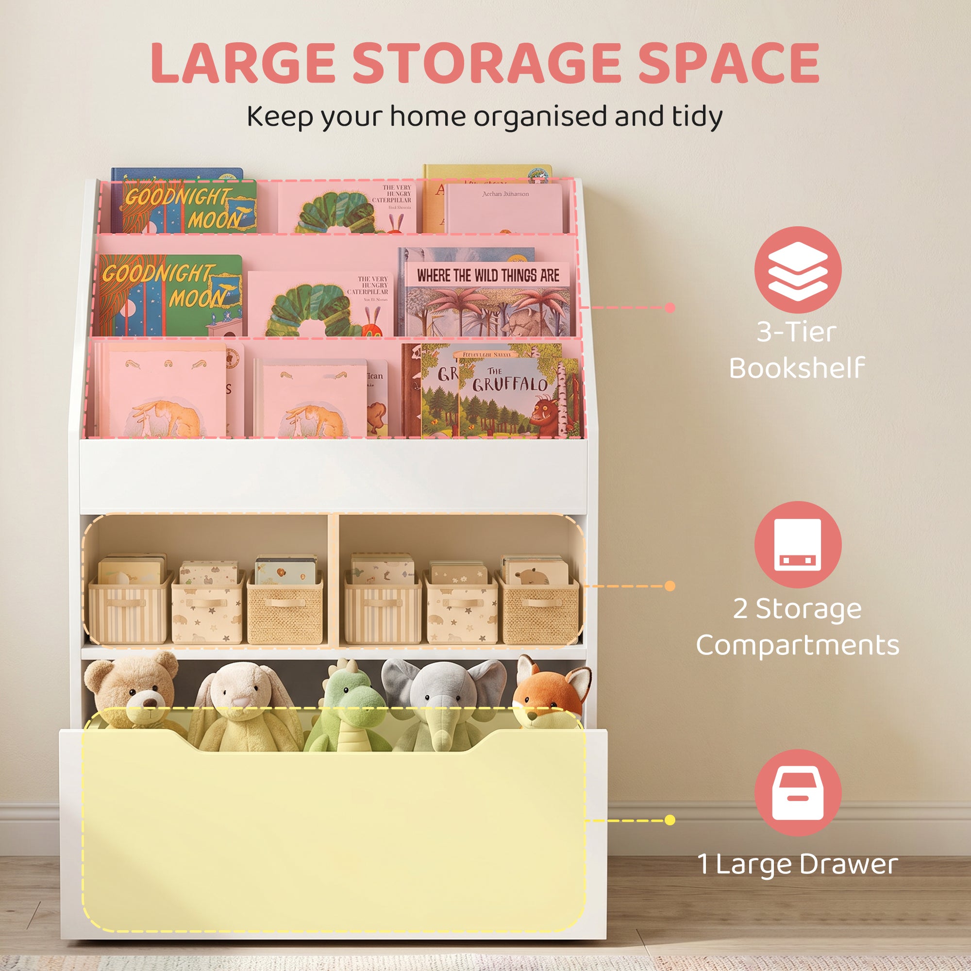 Kids Bookshelf Bookcase, Montessori-Inspired 4 Tier Large Capacity Rack Organizer with Moveable Drawer for Books for Reading Nook, Classroom, Bedroom, Playroom, White-Toys & Games > Toddler & Kids Furniture > Baby & Kids Storage-DECOROLALA