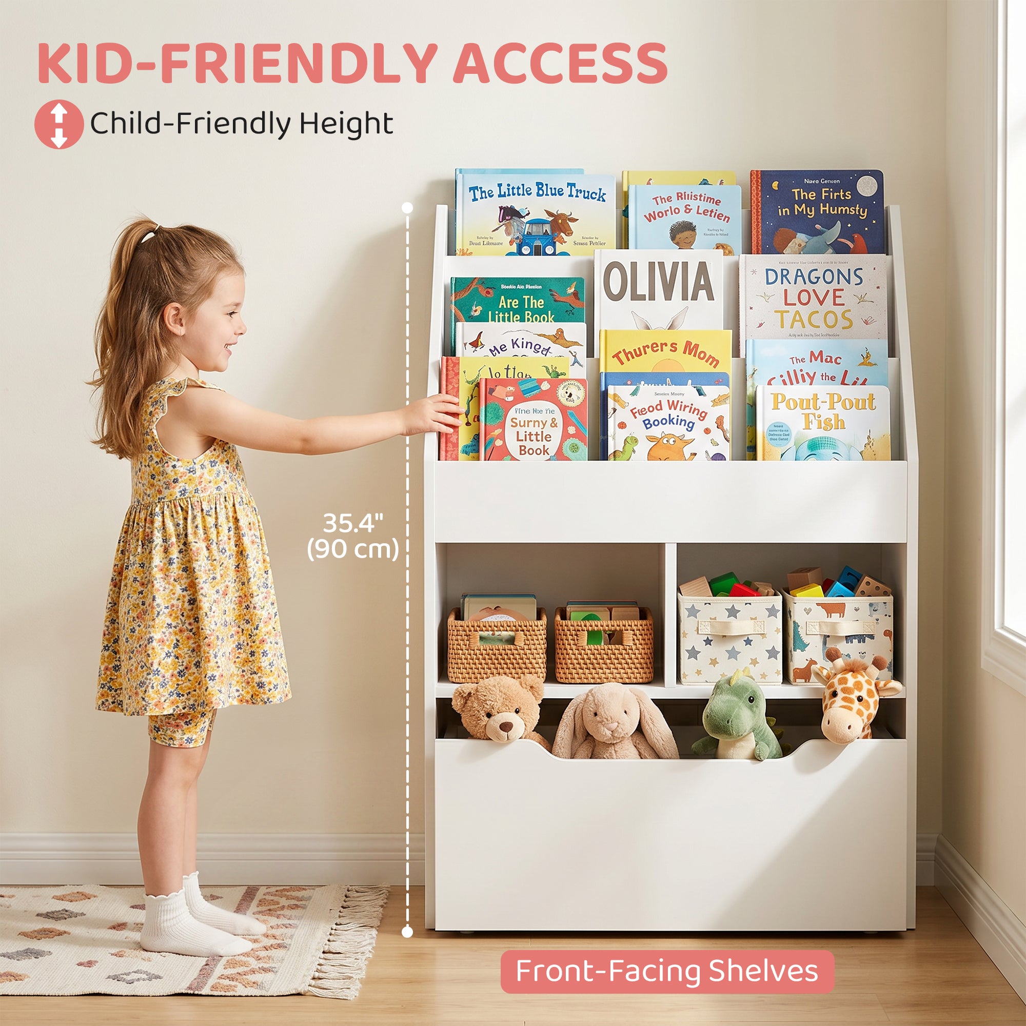 Kids Bookshelf Bookcase, Montessori-Inspired 4 Tier Large Capacity Rack Organizer with Moveable Drawer for Books for Reading Nook, Classroom, Bedroom, Playroom, White-Toys & Games > Toddler & Kids Furniture > Baby & Kids Storage-DECOROLALA