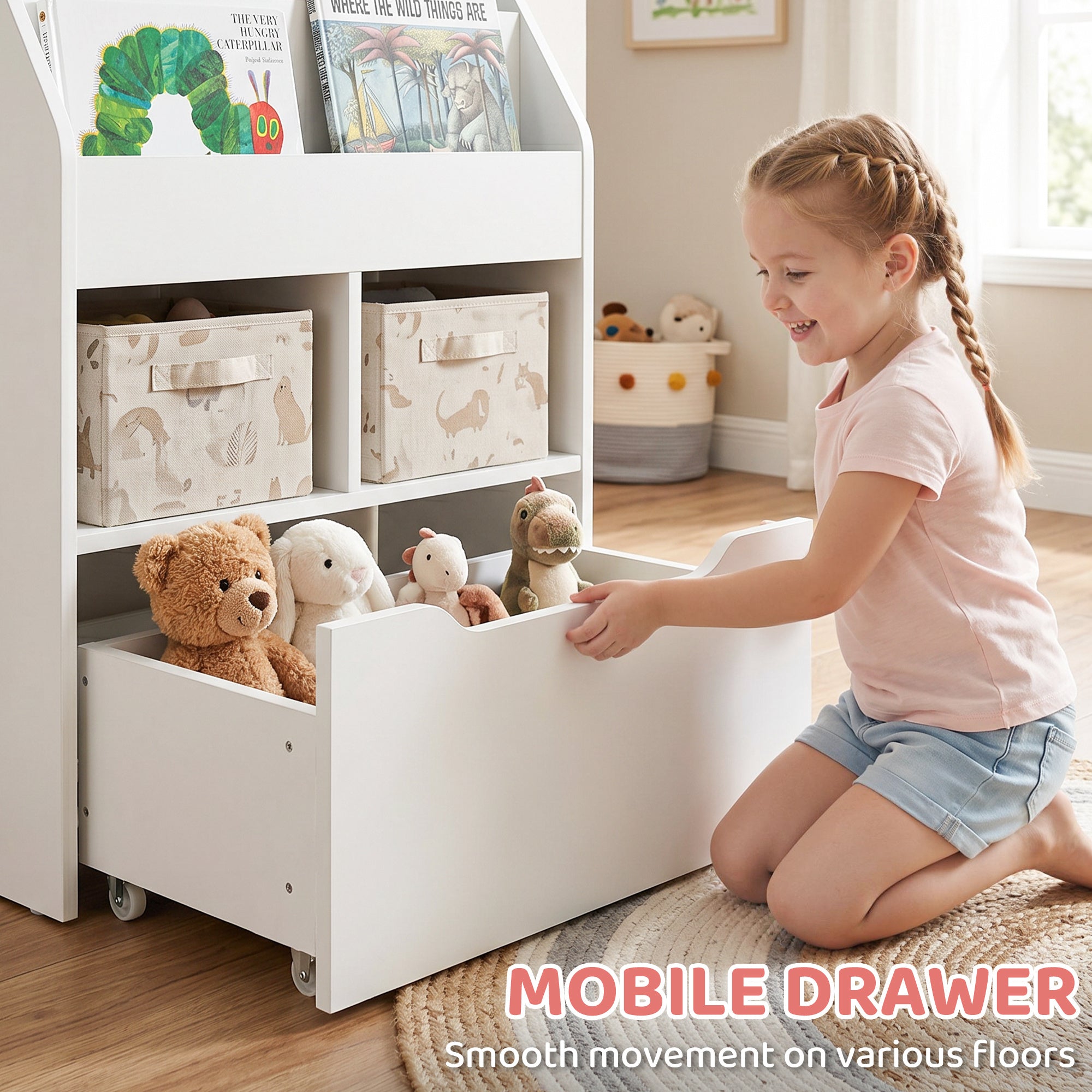 Kids Bookshelf Bookcase, Montessori-Inspired 4 Tier Large Capacity Rack Organizer with Moveable Drawer for Books for Reading Nook, Classroom, Bedroom, Playroom, White-Toys & Games > Toddler & Kids Furniture > Baby & Kids Storage-DECOROLALA