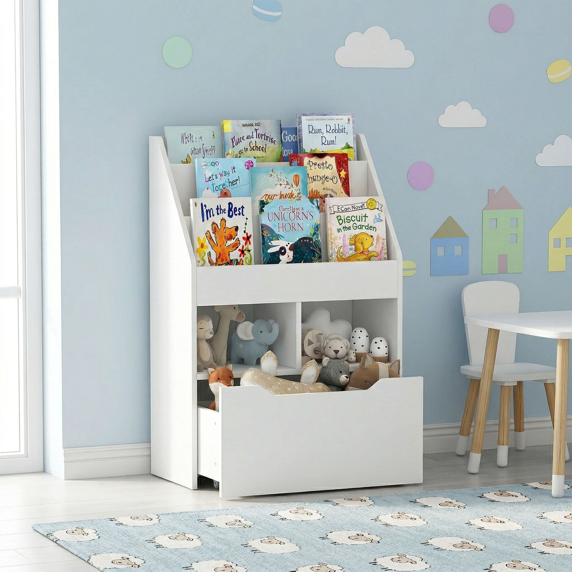 Kids Bookshelf Bookcase, Montessori-Inspired 4 Tier Large Capacity Rack Organizer with Moveable Drawer for Books for Reading Nook, Classroom, Bedroom, Playroom, White-Toys & Games > Toddler & Kids Furniture > Baby & Kids Storage-DECOROLALA