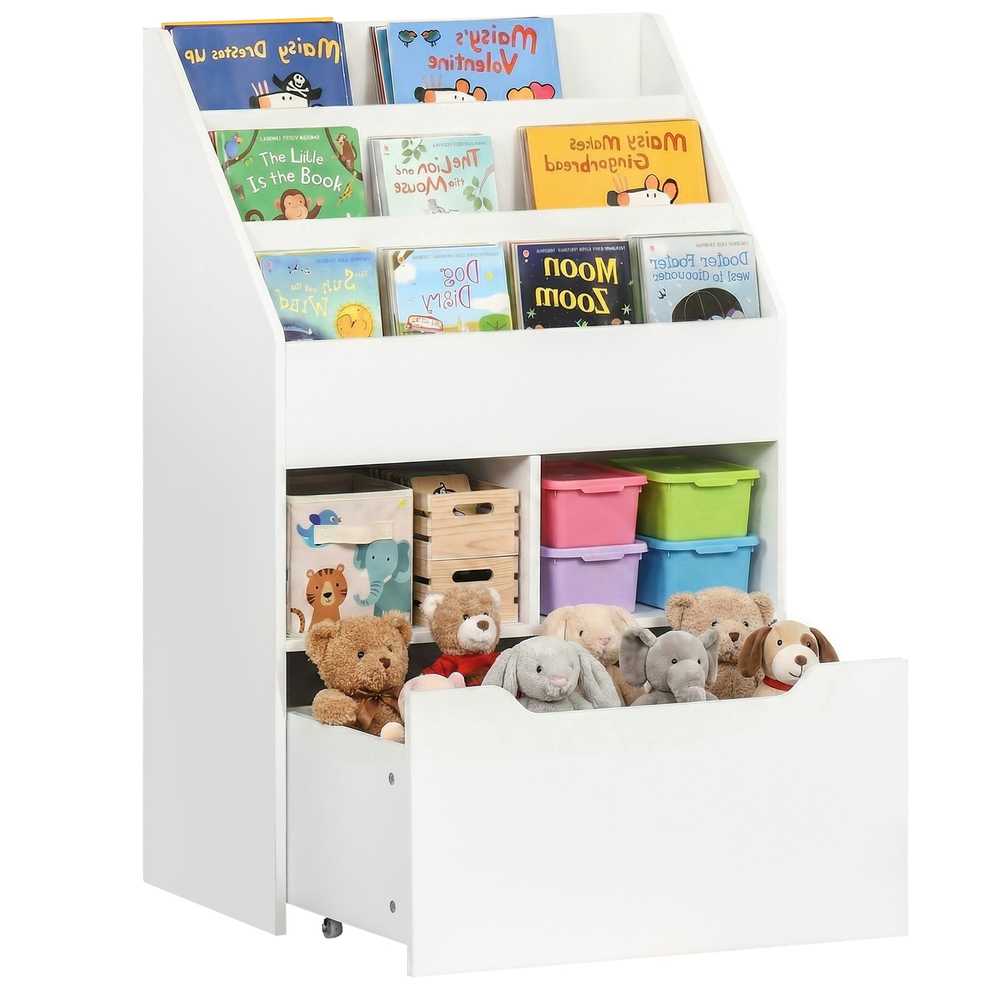 Kids Bookshelf Bookcase, Montessori-Inspired 4 Tier Large Capacity Rack Organizer with Moveable Drawer for Books for Reading Nook, Classroom, Bedroom, Playroom, White-Toys & Games > Toddler & Kids Furniture > Baby & Kids Storage-DECOROLALA