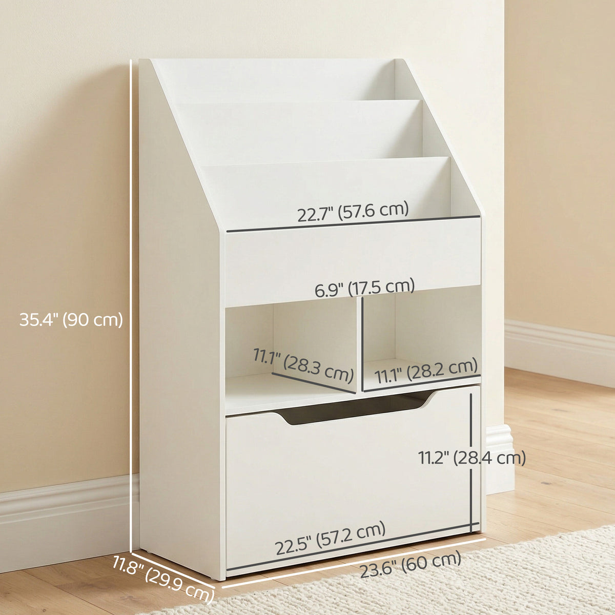 Kids Bookshelf - Montessori 4-Tier Bookcase with Drawer, White-Toys & Games > Toddler & Kids Furniture > Baby & Kids Storage-DECOROLALA