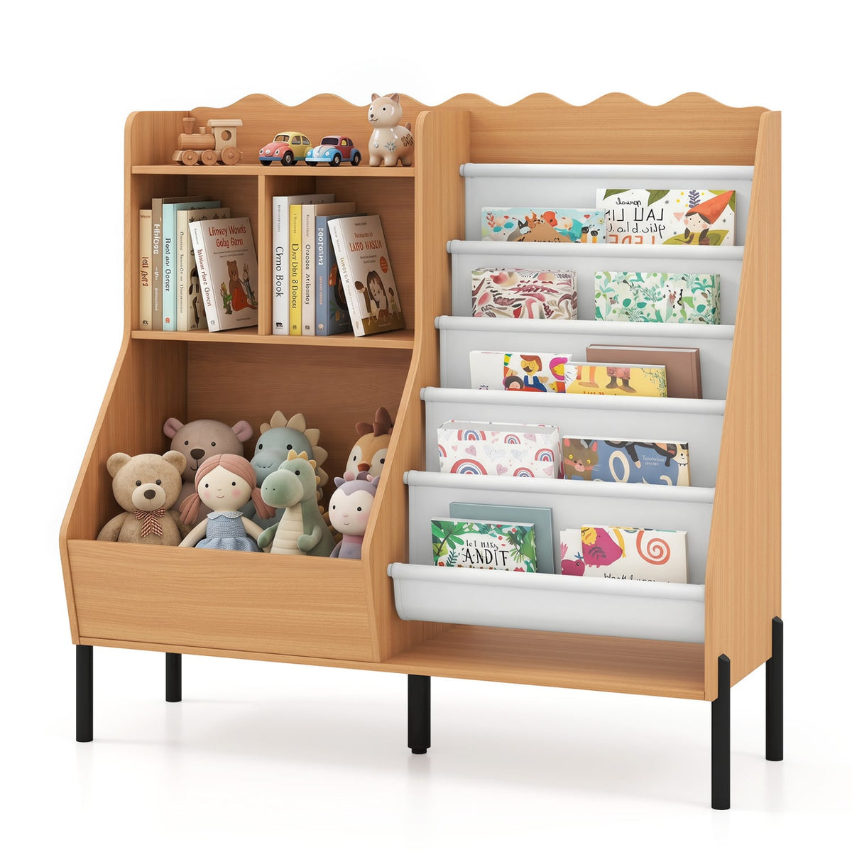 Kids Bookshelf and Toy Storage Organizer Wooden Bookcase with 5 Fabric Pockets-Natural-Kids Storage-DECOROLALA