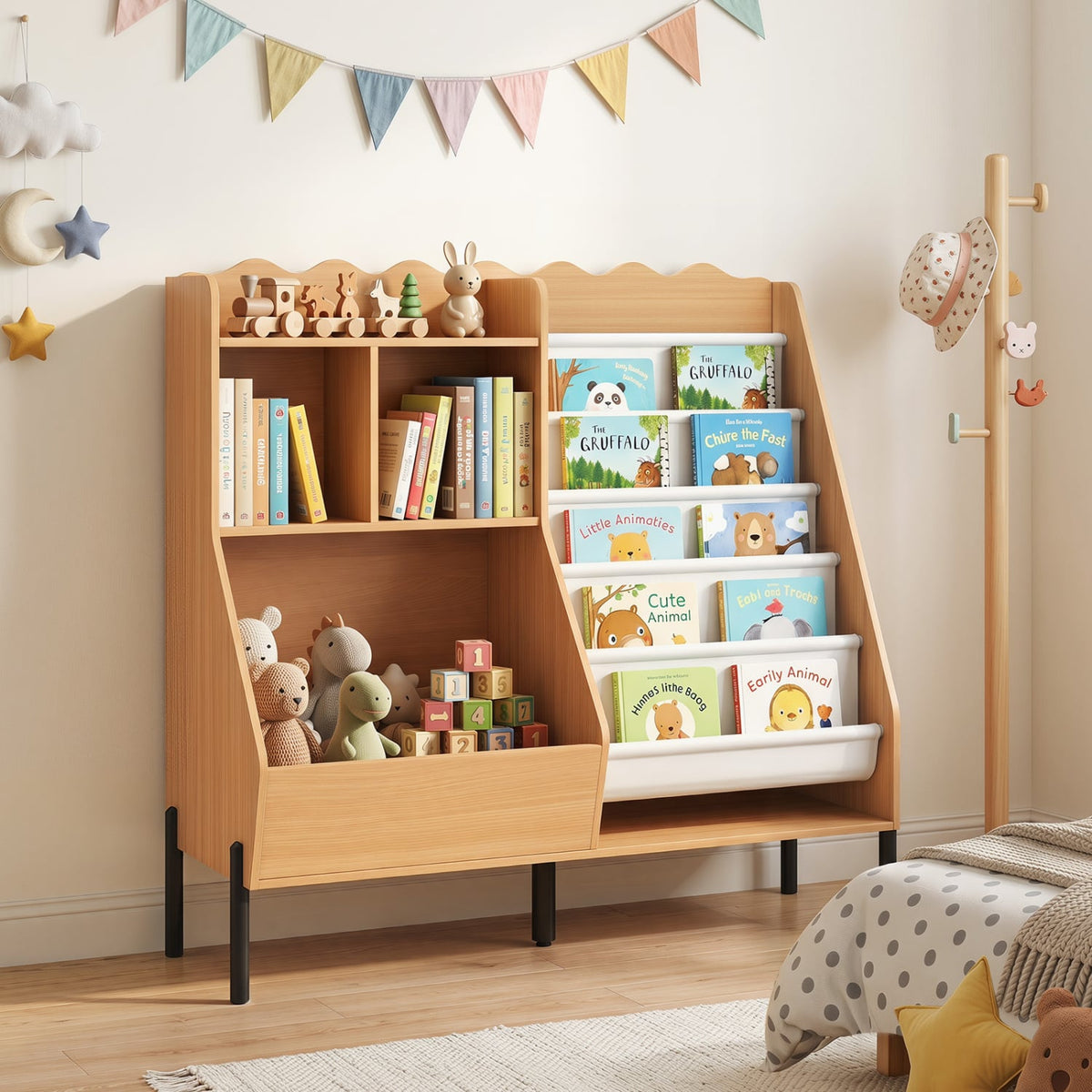 Kids Bookshelf and Toy Storage Organizer Wooden Bookcase with 5 Fabric Pockets-Natural-Kids Storage-DECOROLALA