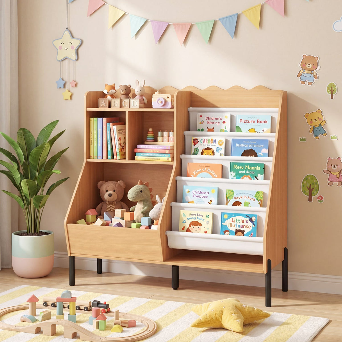 Kids Bookshelf and Toy Storage Organizer Wooden Bookcase with 5 Fabric Pockets-Natural-Kids Storage-DECOROLALA