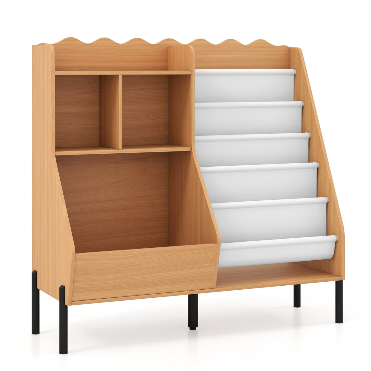 Kids Bookshelf and Toy Storage Organizer Wooden Bookcase with 5 Fabric Pockets-Natural-Kids Storage-DECOROLALA