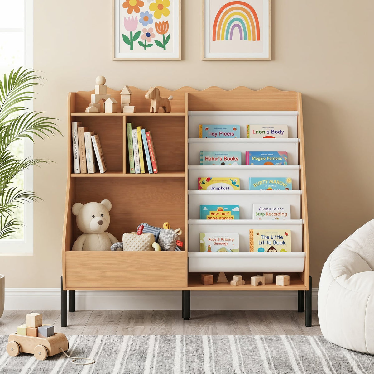 Kids Bookshelf and Toy Storage Organizer Wooden Bookcase with 5 Fabric Pockets-Natural-Kids Storage-DECOROLALA
