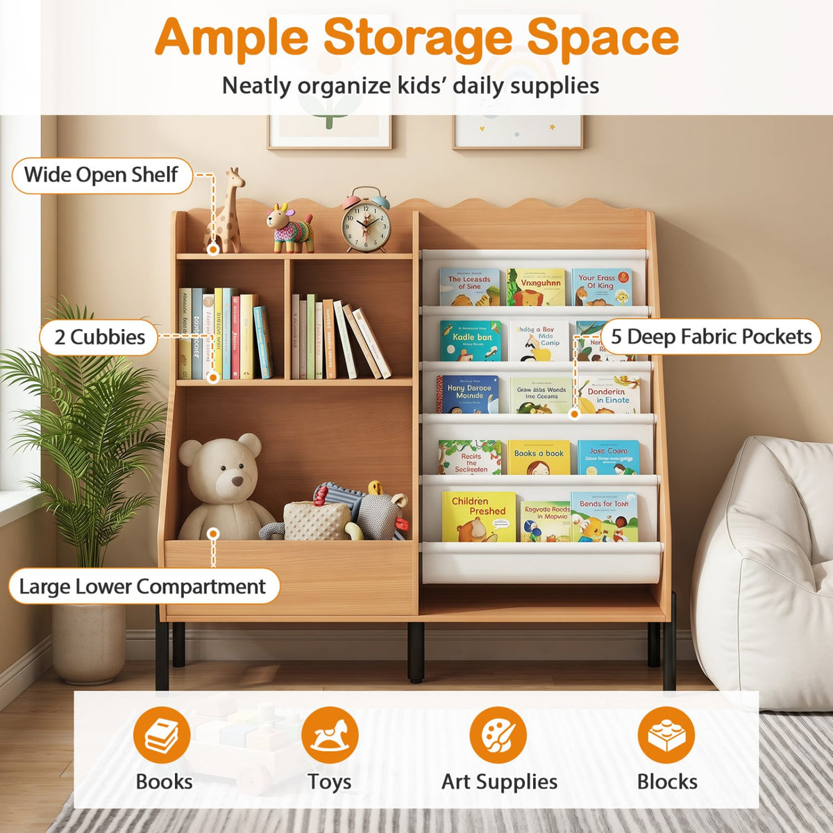 Kids Bookshelf and Toy Storage Organizer Wooden Bookcase with 5 Fabric Pockets-Natural-Kids Storage-DECOROLALA