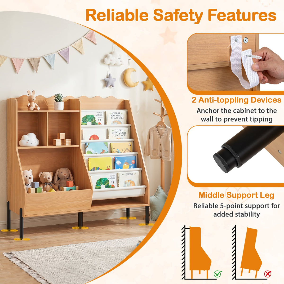 Kids Bookshelf and Toy Storage Organizer Wooden Bookcase with 5 Fabric Pockets-Natural-Kids Storage-DECOROLALA