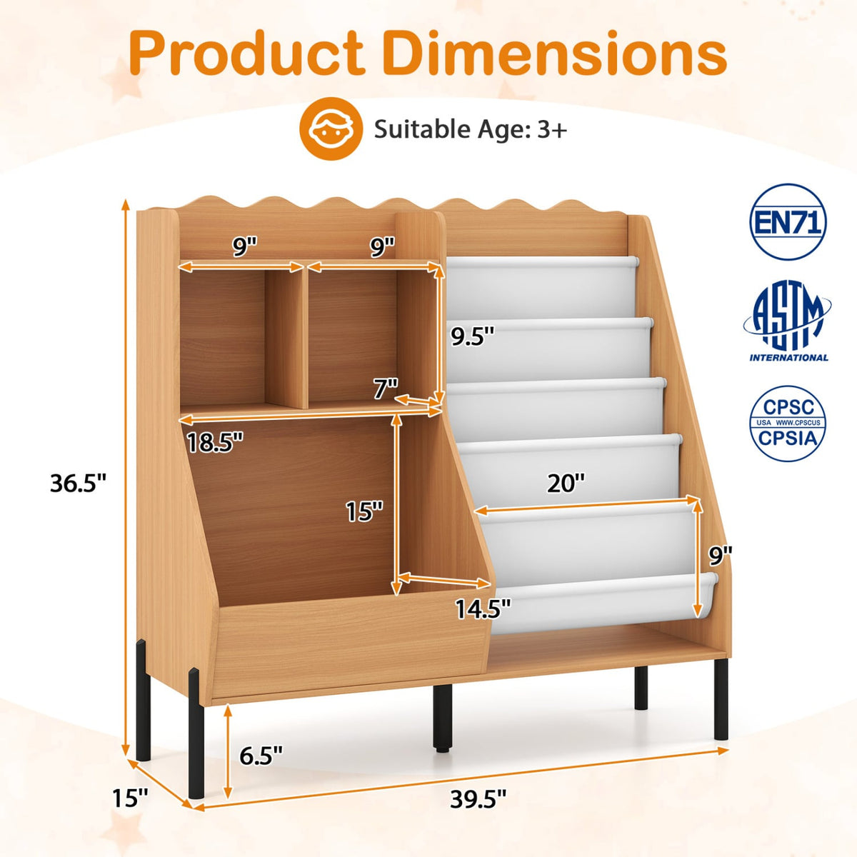 Kids Bookshelf and Toy Storage Organizer Wooden Bookcase with 5 Fabric Pockets-Natural-Kids Storage-DECOROLALA