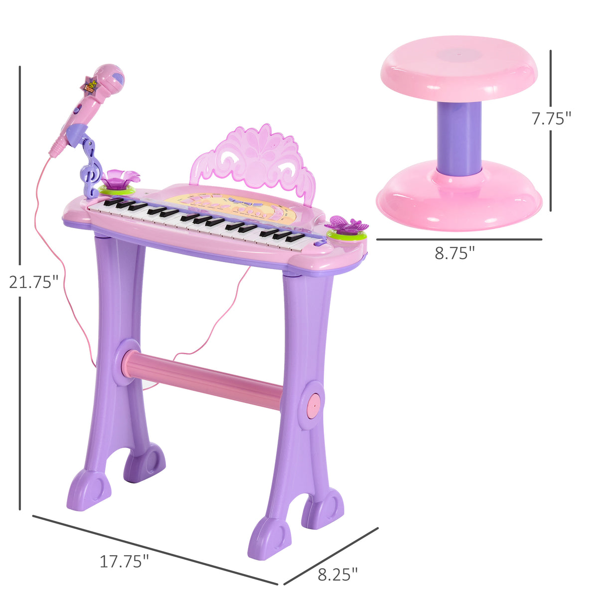 Kids Piano Electronic Keyboard Instrument with Microphone Stool 32 Keys Musical Toy Gift for Children Pink-Toys & Games > Baby & Toddler Toys > Electronic Musical Pianos-DECOROLALA
