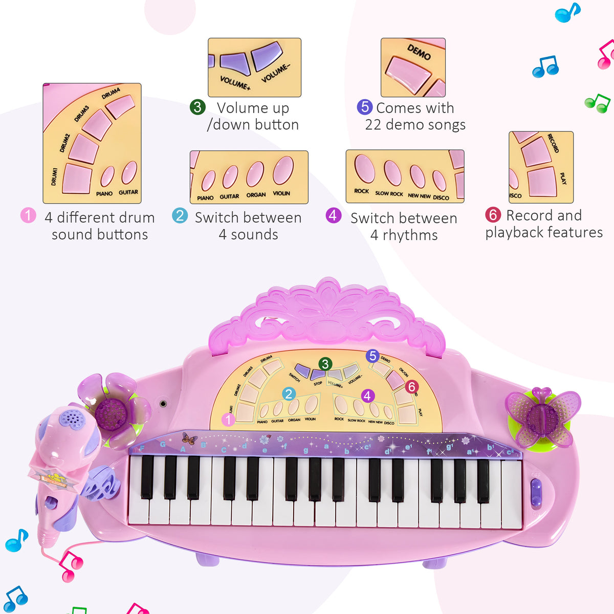 Kids Piano Electronic Keyboard Instrument with Microphone Stool 32 Keys Musical Toy Gift for Children Pink-Toys & Games > Baby & Toddler Toys > Electronic Musical Pianos-DECOROLALA