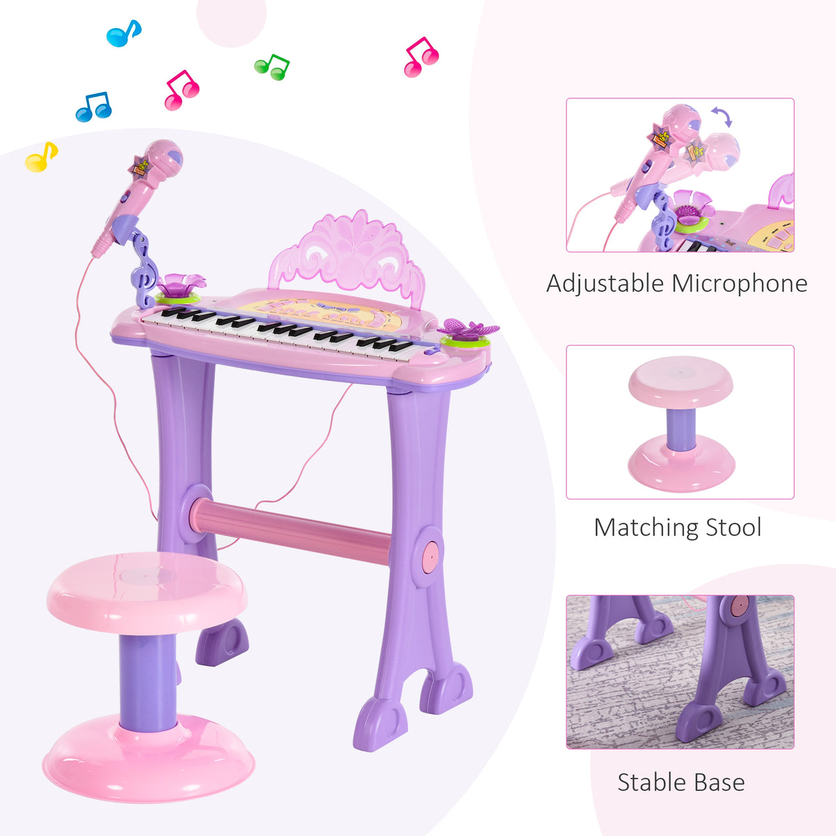 Kids Piano Electronic Keyboard Instrument with Microphone Stool 32 Keys Musical Toy Gift for Children Pink-Toys & Games > Baby & Toddler Toys > Electronic Musical Pianos-DECOROLALA