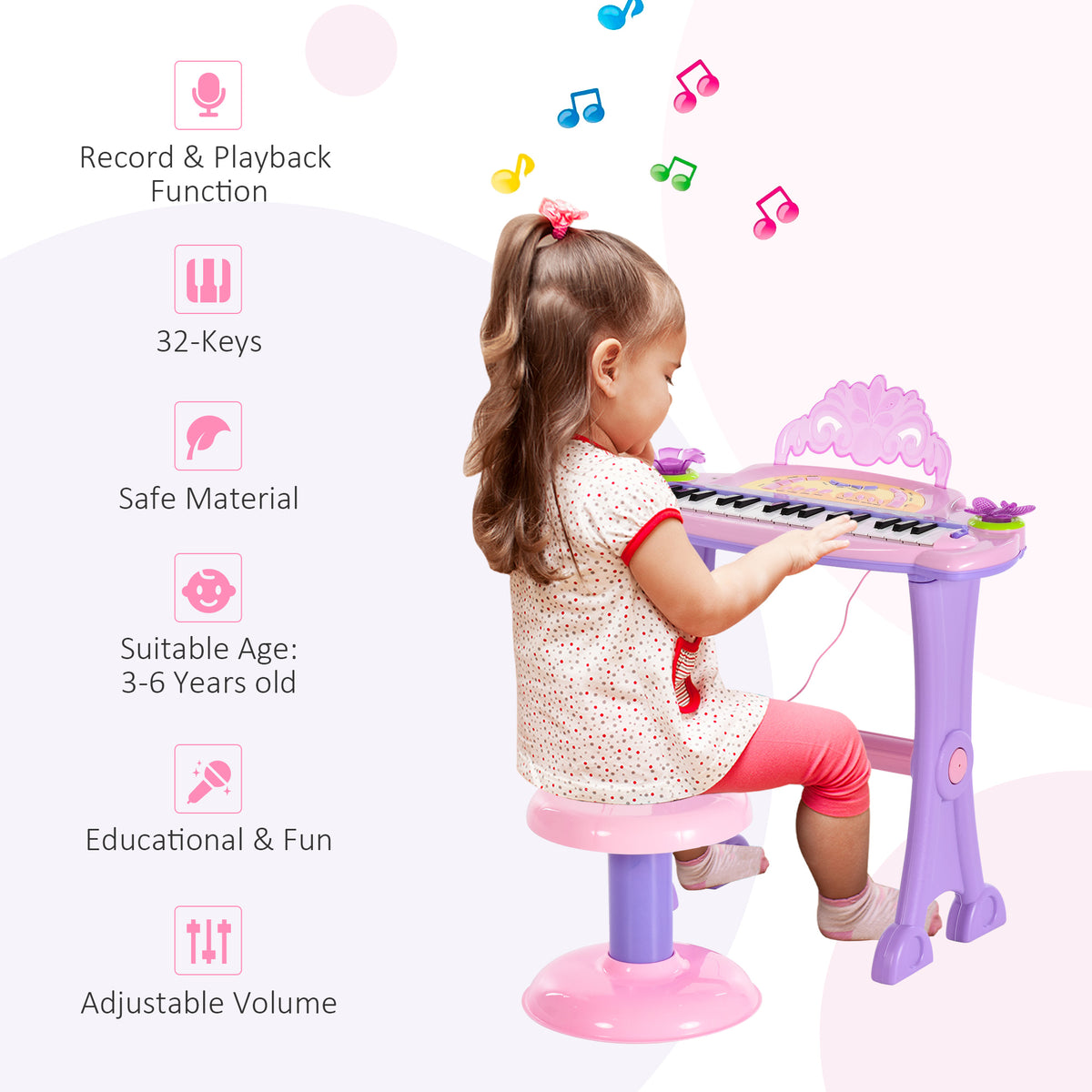 Kids Piano Electronic Keyboard Instrument with Microphone Stool 32 Keys Musical Toy Gift for Children Pink-Toys & Games > Baby & Toddler Toys > Electronic Musical Pianos-DECOROLALA
