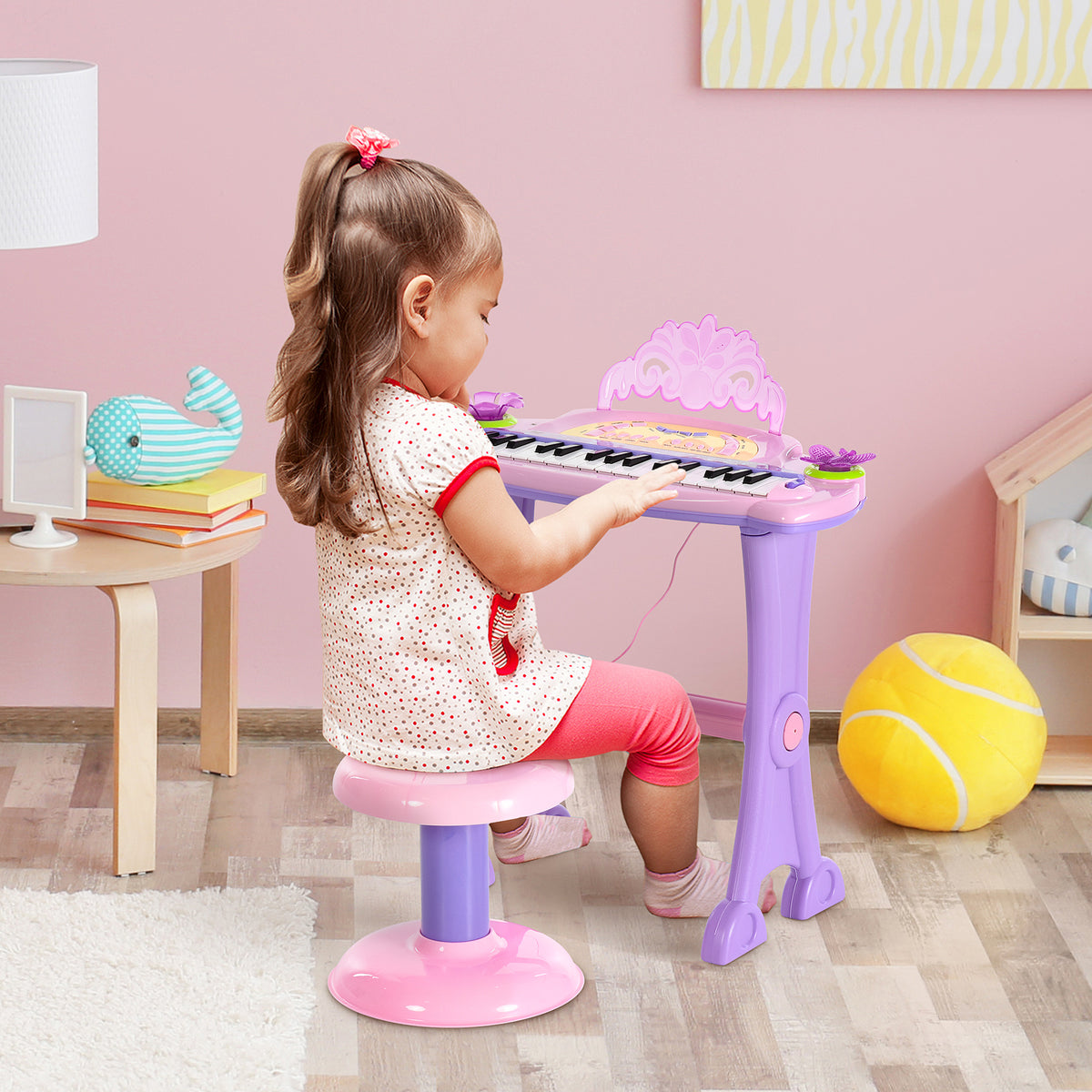 Kids Piano Electronic Keyboard Instrument with Microphone Stool 32 Keys Musical Toy Gift for Children Pink-Toys & Games > Baby & Toddler Toys > Electronic Musical Pianos-DECOROLALA