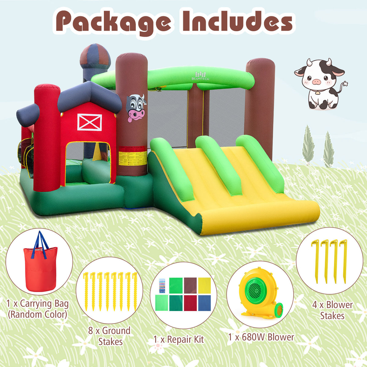 Château gonflable pour enfants 6-en-1 avec toboggan, trampoline et soufflerie de 680 W