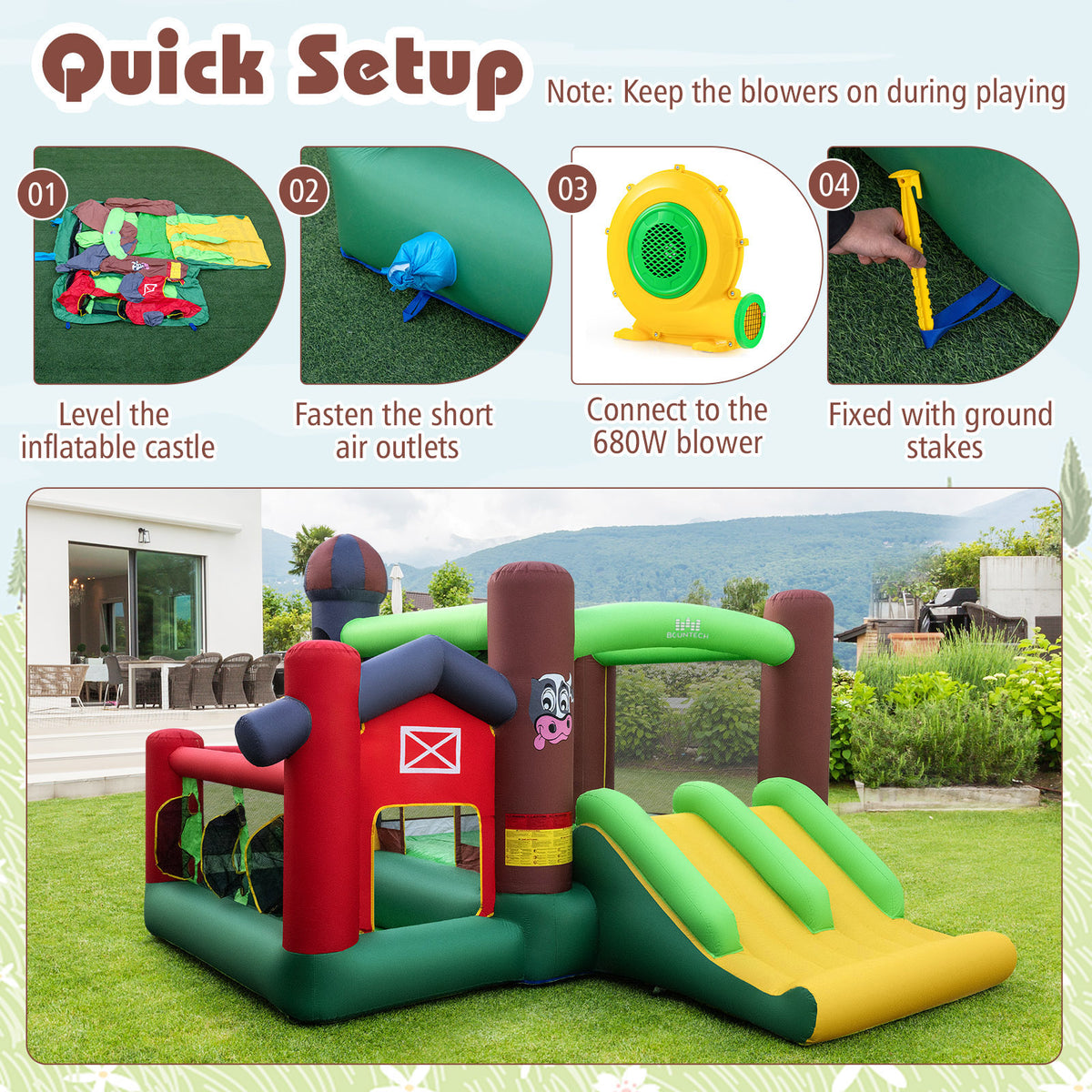 Château gonflable pour enfants 6-en-1 avec toboggan, trampoline et soufflerie de 680 W