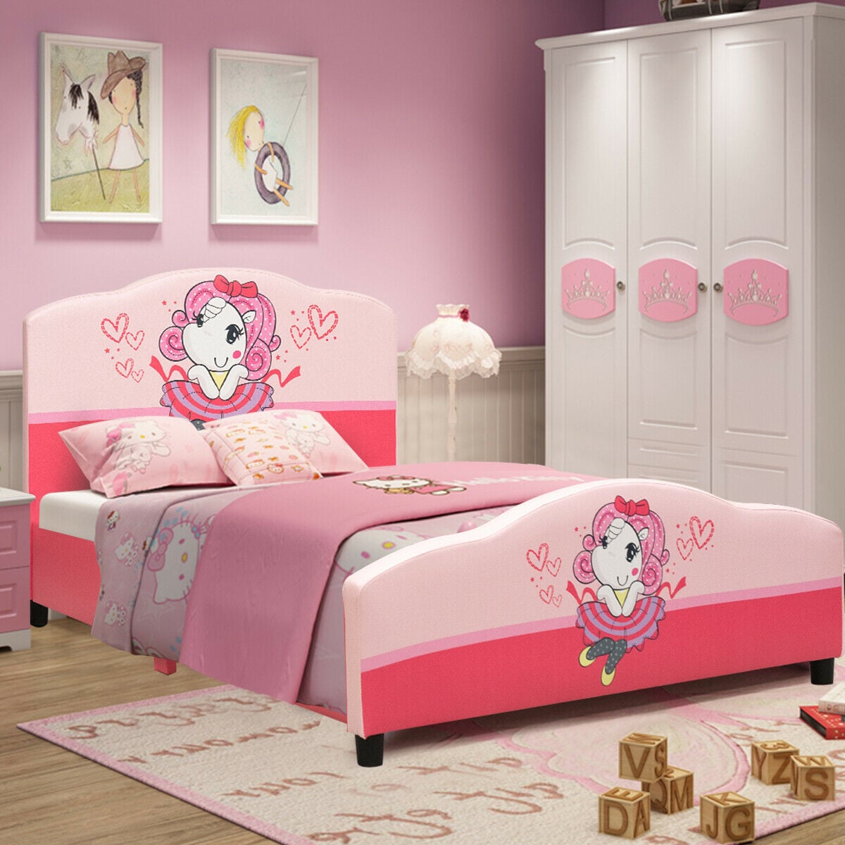 Kids Children Upholstered Platform Toddler Girl Pattern Bed-Toddler Beds-DECOROLALA