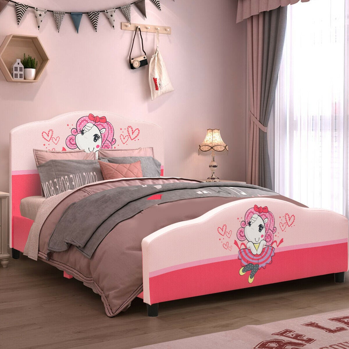 Kids Children Upholstered Platform Toddler Girl Pattern Bed-Toddler Beds-DECOROLALA