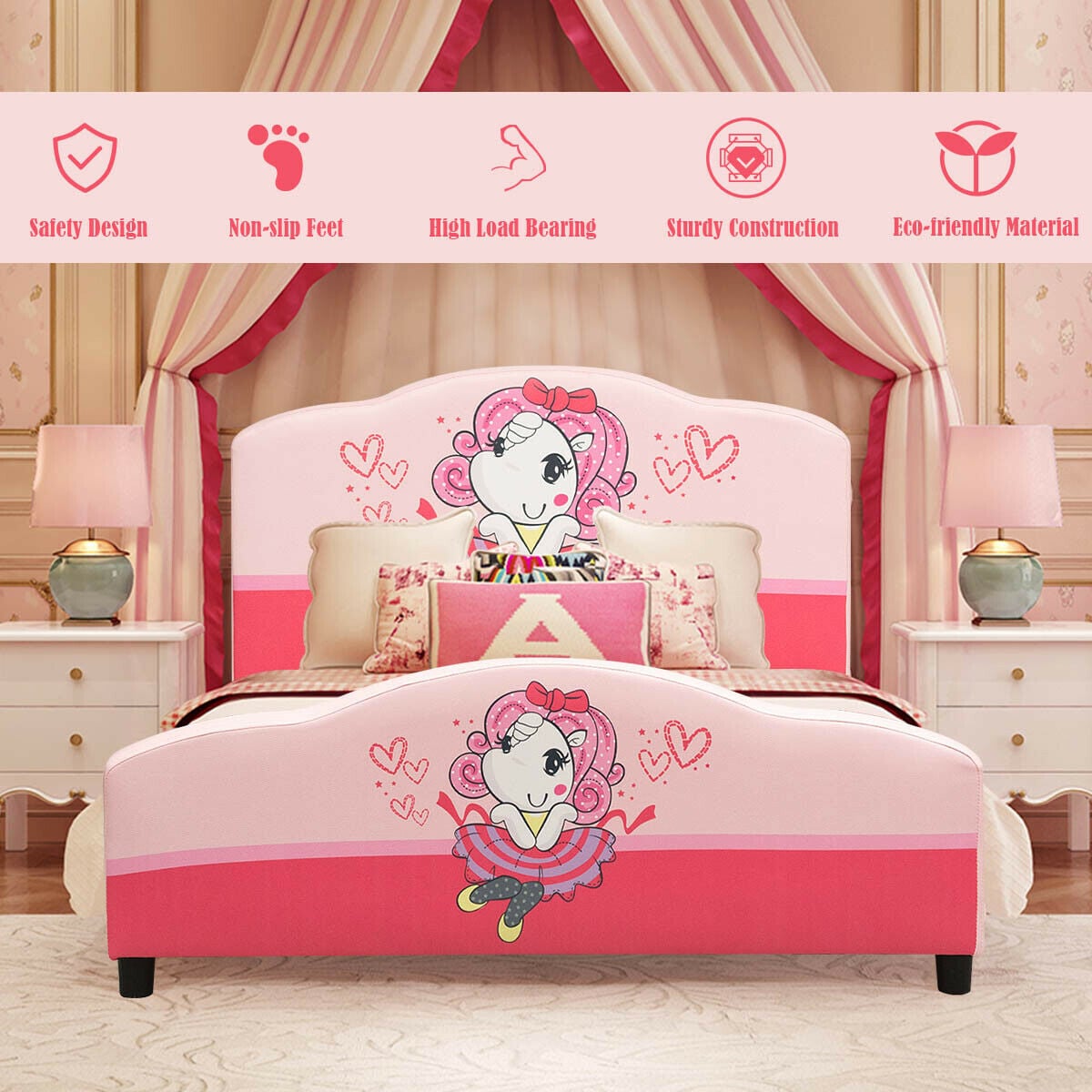 Kids Children Upholstered Platform Toddler Girl Pattern Bed-Toddler Beds-DECOROLALA