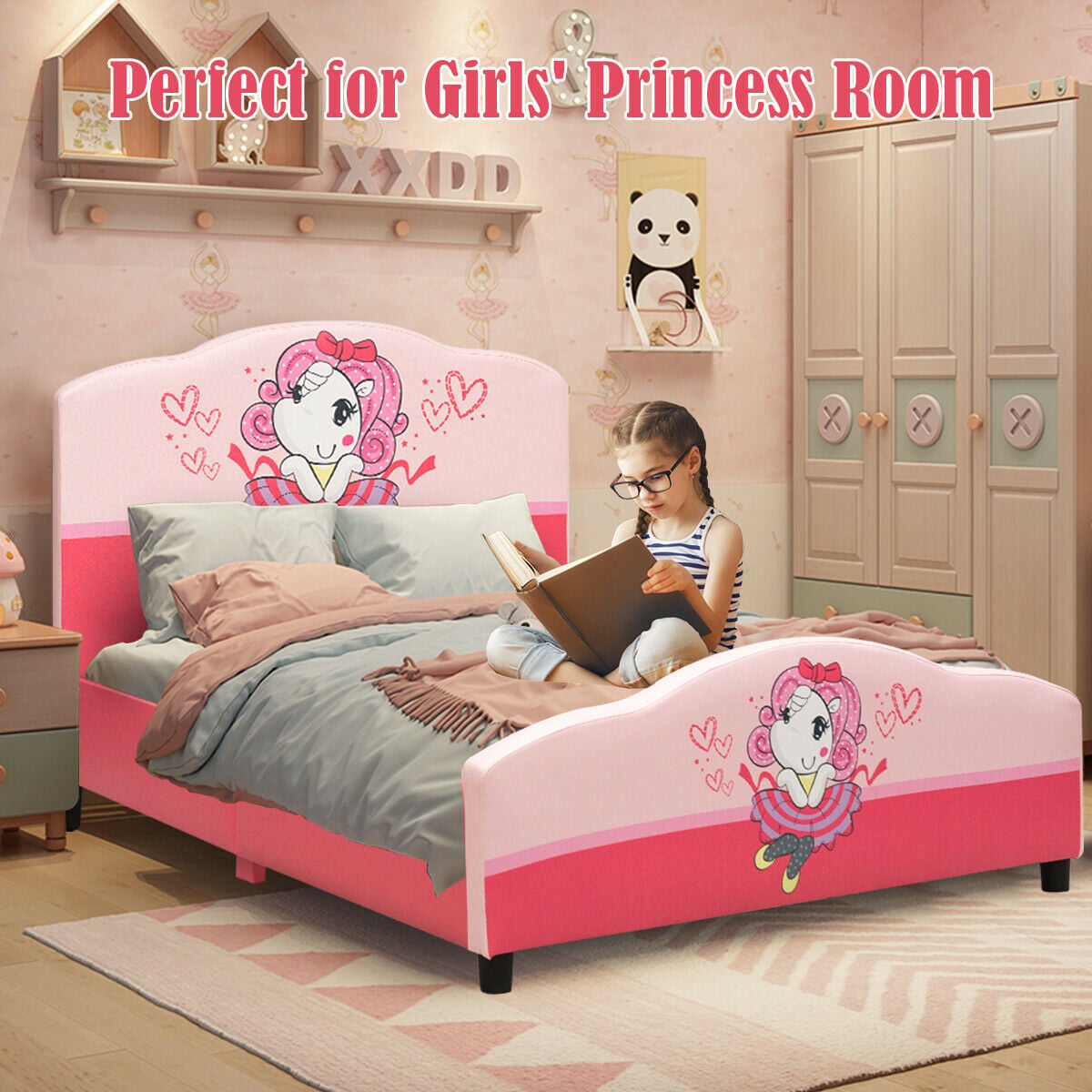 Kids Children Upholstered Platform Toddler Girl Pattern Bed-Toddler Beds-DECOROLALA