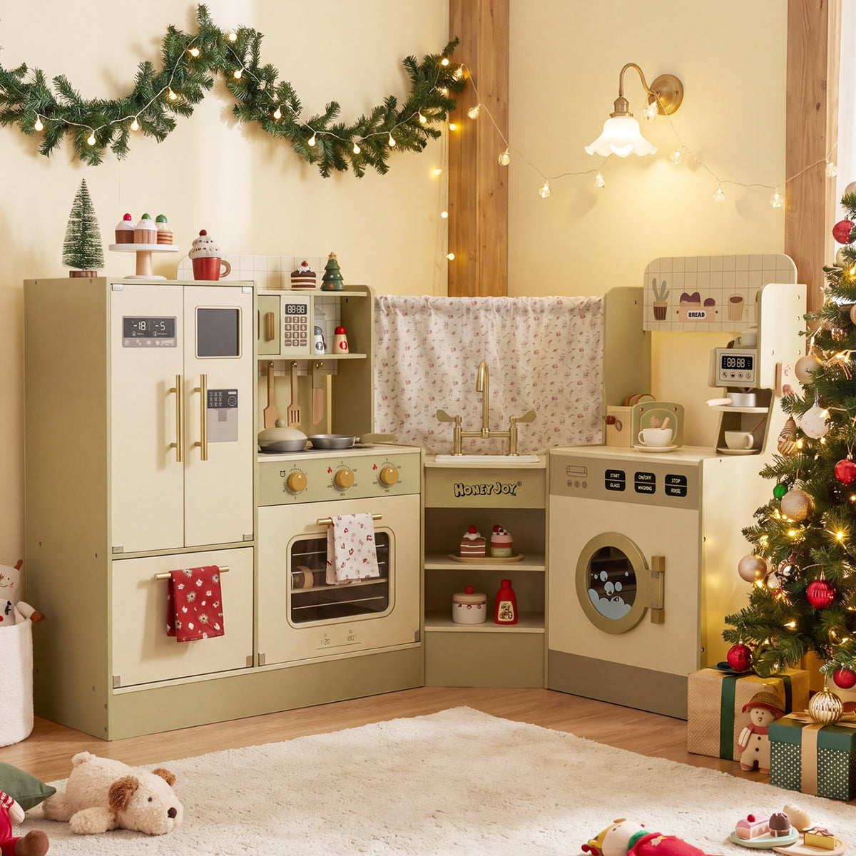 Kids Corner Play Kitchen with Faucet and Dishwasher and Stoves-Green
