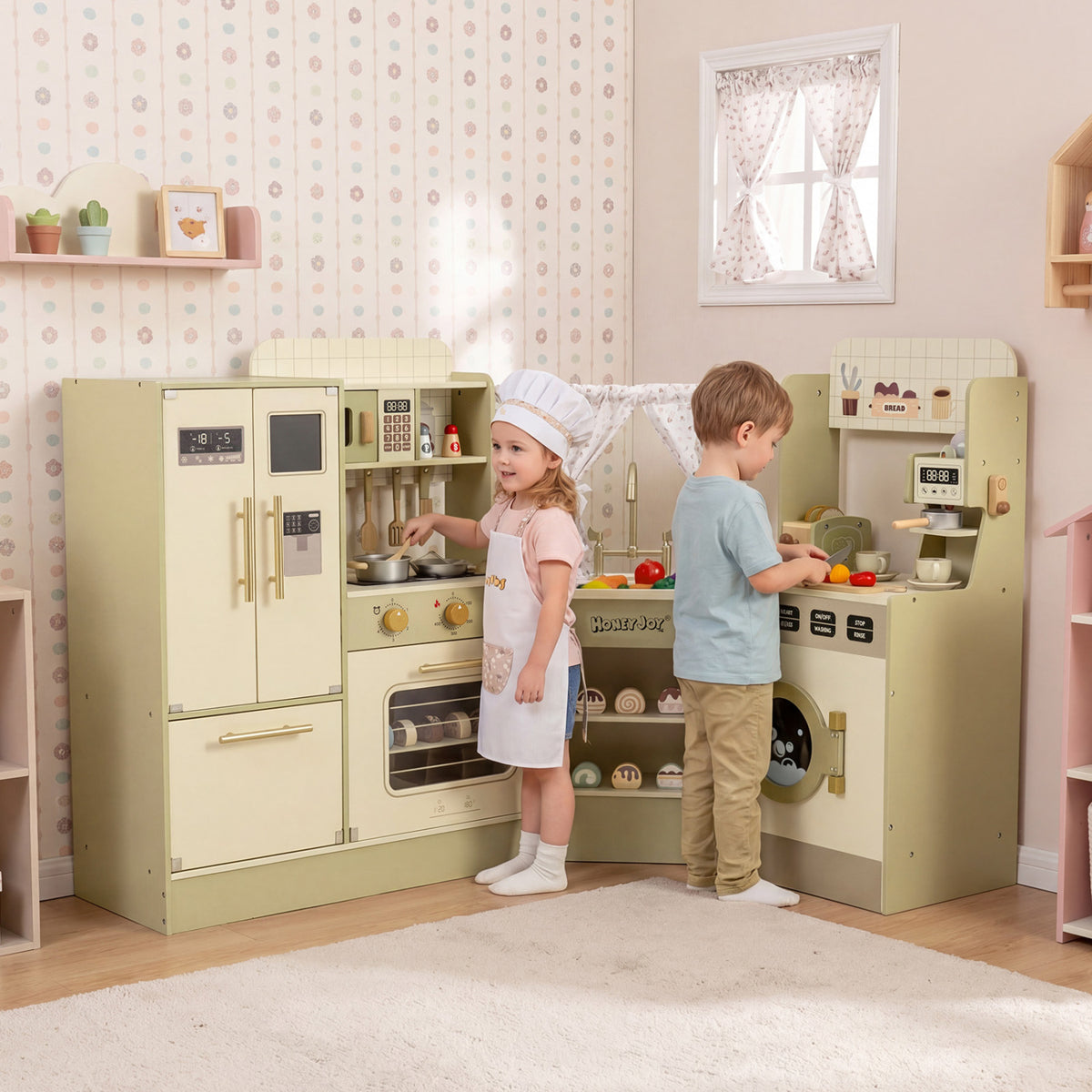 Kids Corner Play Kitchen with Faucet and Dishwasher and Stoves-Green