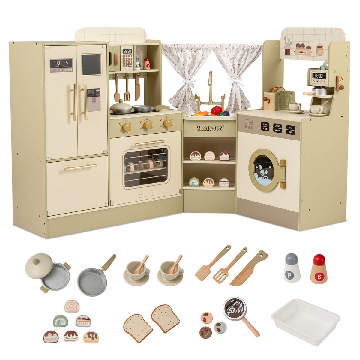 Kids Corner Play Kitchen with Faucet and Dishwasher and Stoves-Green