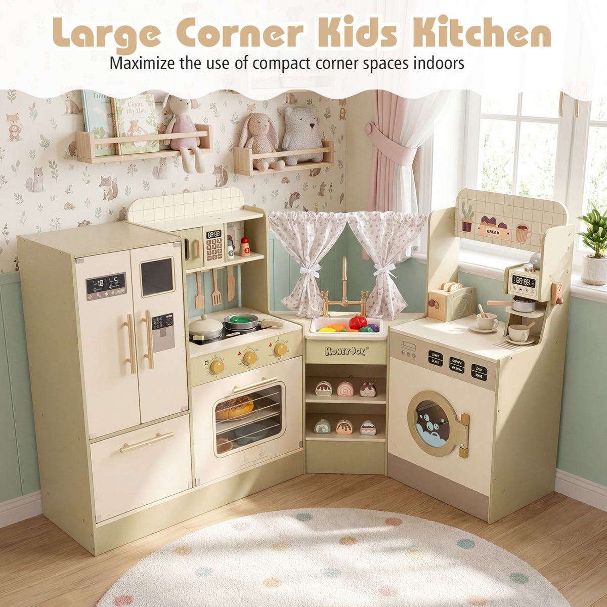 Kids Corner Play Kitchen with Faucet and Dishwasher and Stoves-Green