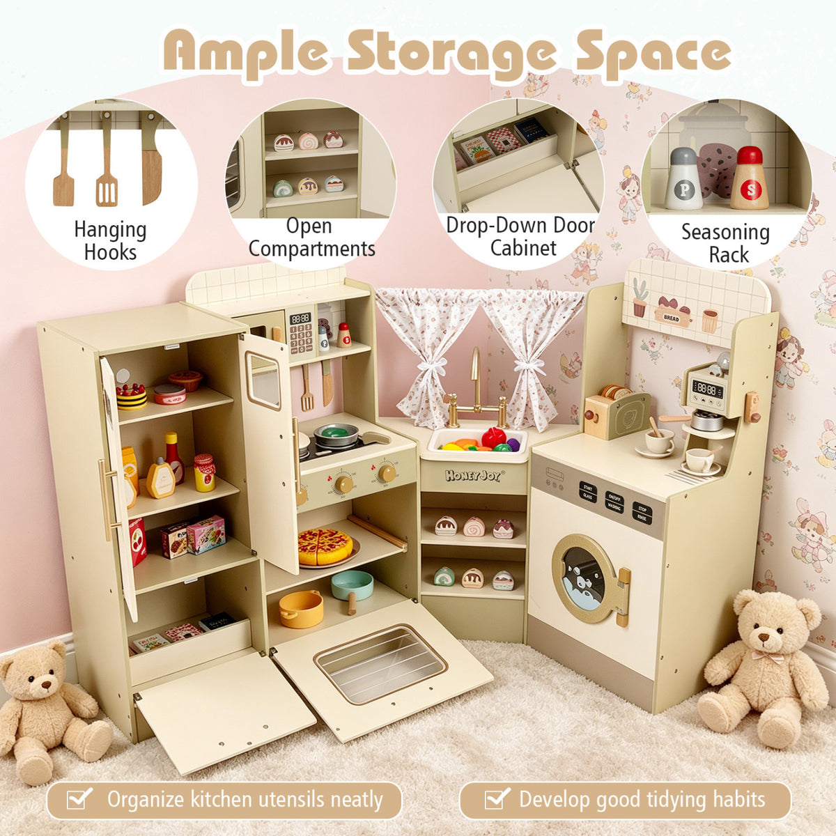 Kids Corner Play Kitchen with Faucet and Dishwasher and Stoves-Green