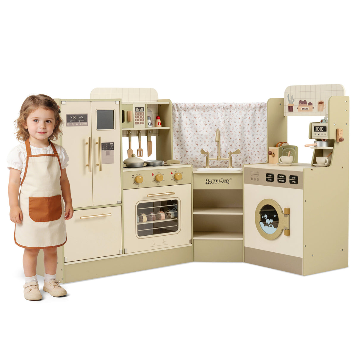 Kids Corner Play Kitchen with Faucet and Dishwasher and Stoves-Green
