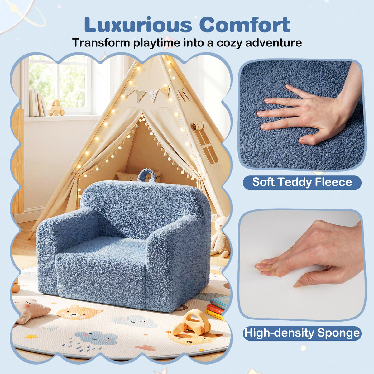 Kids Couch Portable Toddler Sofa with Anti-slip Base-Blue-Kids Chairs-DECOROLALA