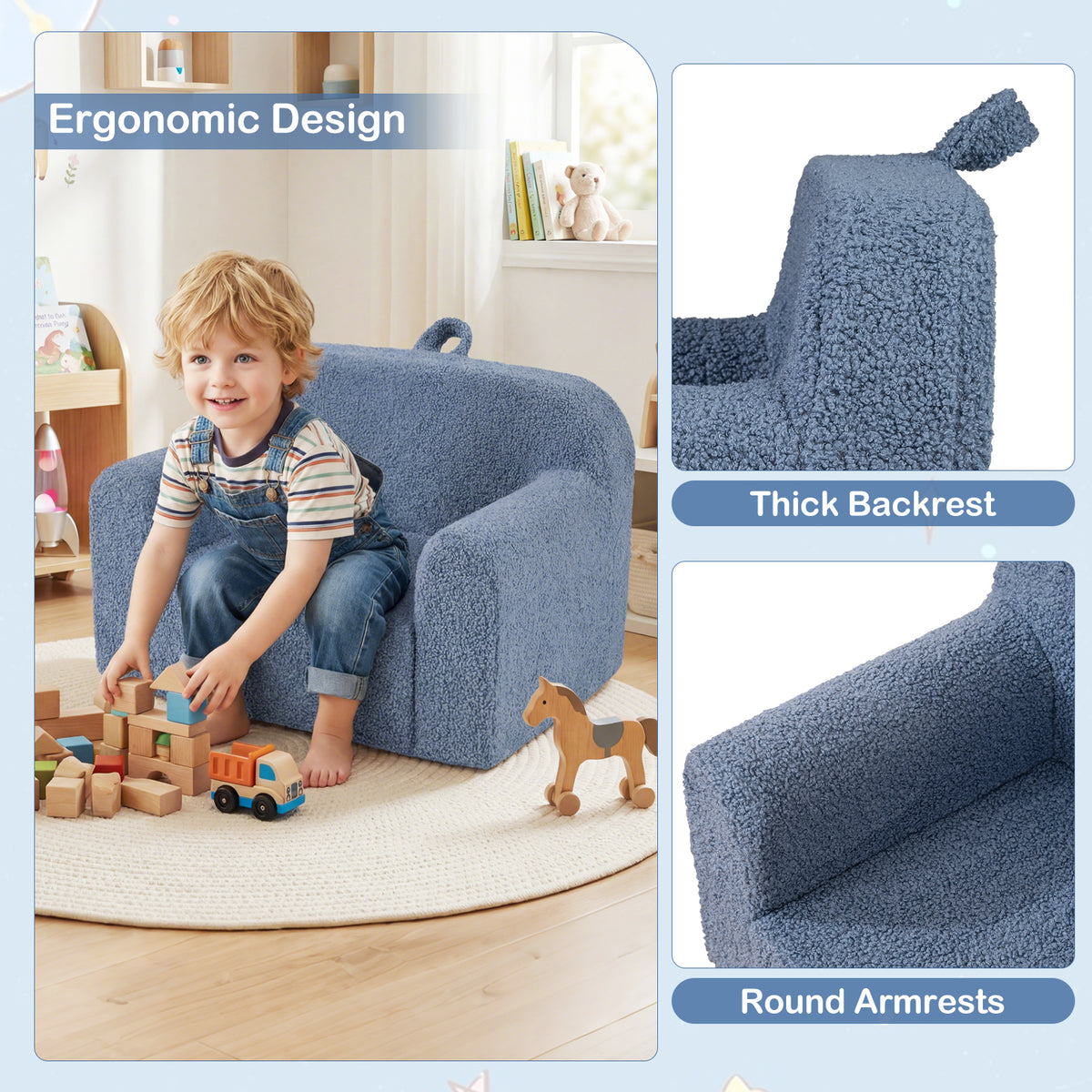 Kids Couch Portable Toddler Sofa with Anti-slip Base-Blue-Kids Chairs-DECOROLALA