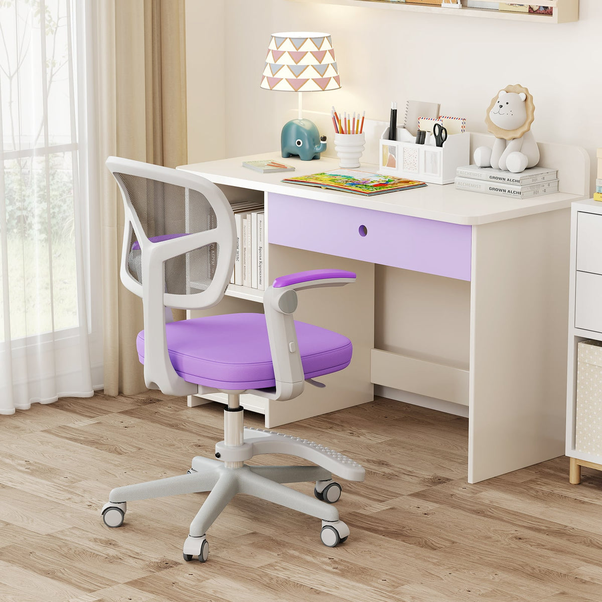 Kids Desk Chair Children Study Chair with Adjustable Height Armrest and Footrest-Purple-Kids Chairs-DECOROLALA