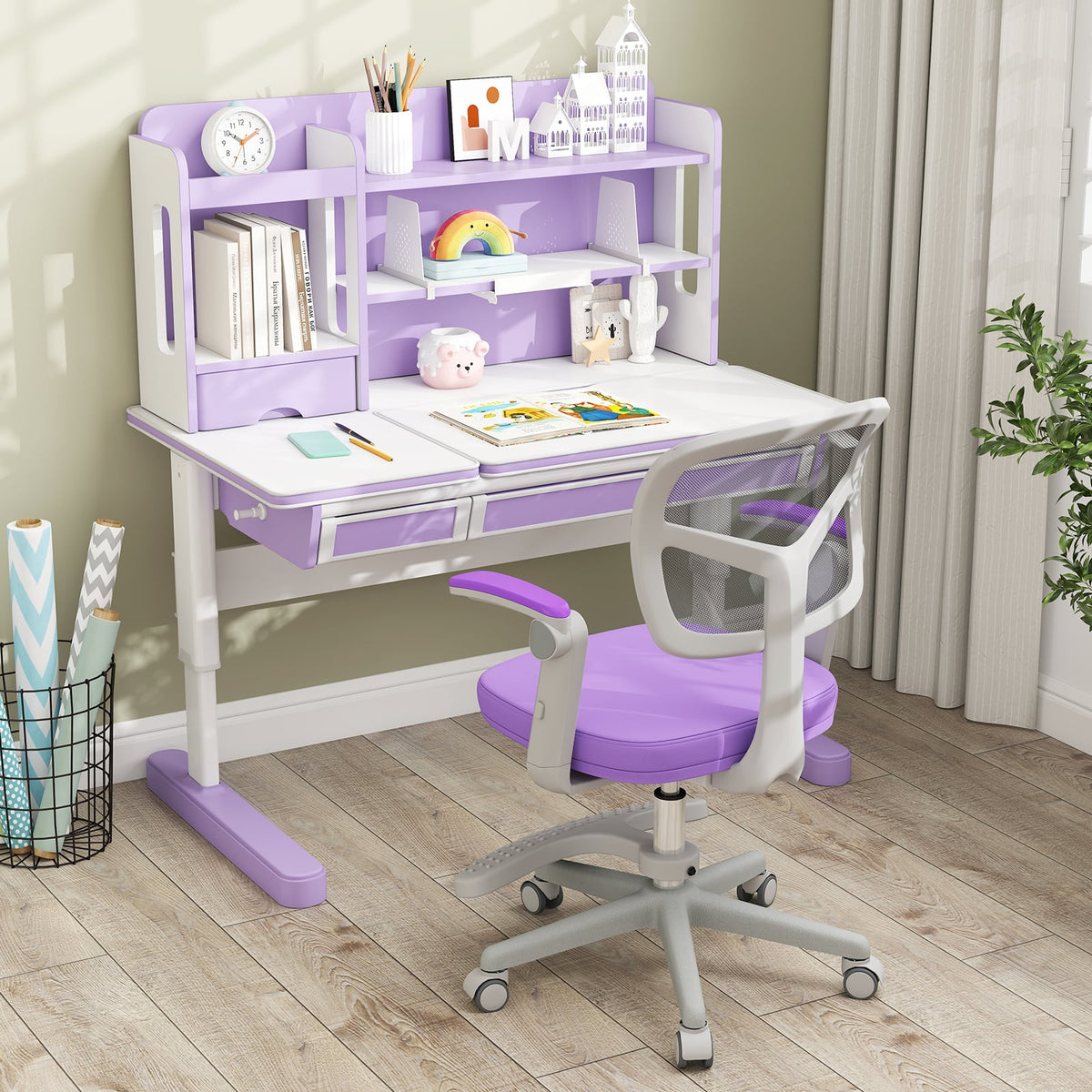 Kids Desk Chair Children Study Chair with Adjustable Height Armrest and Footrest-Purple-Kids Chairs-DECOROLALA